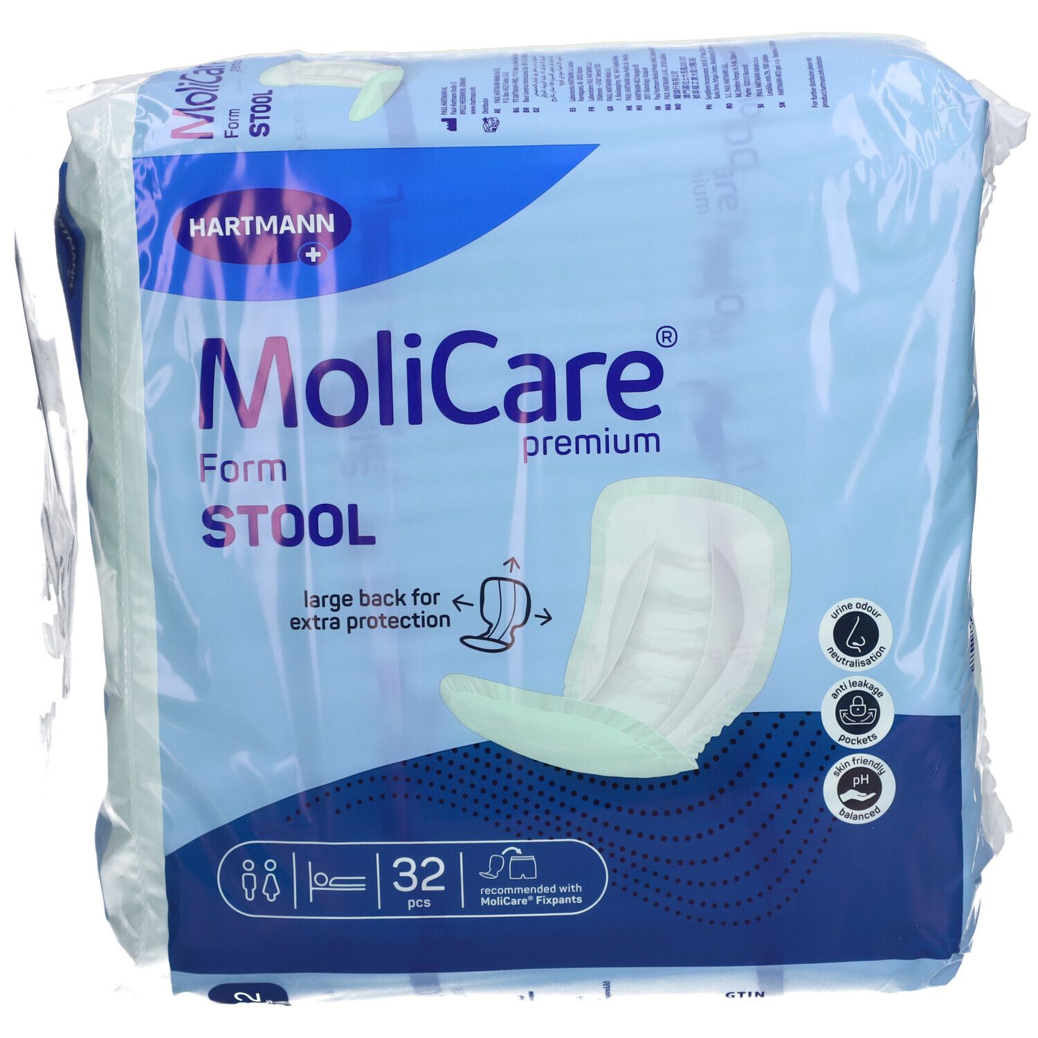 MoliCare® Premium Form STOOL, 32 Stück. Verpackung mit Produktabbildung. Marke und Produktbezeichnung deutlich sichtbar.