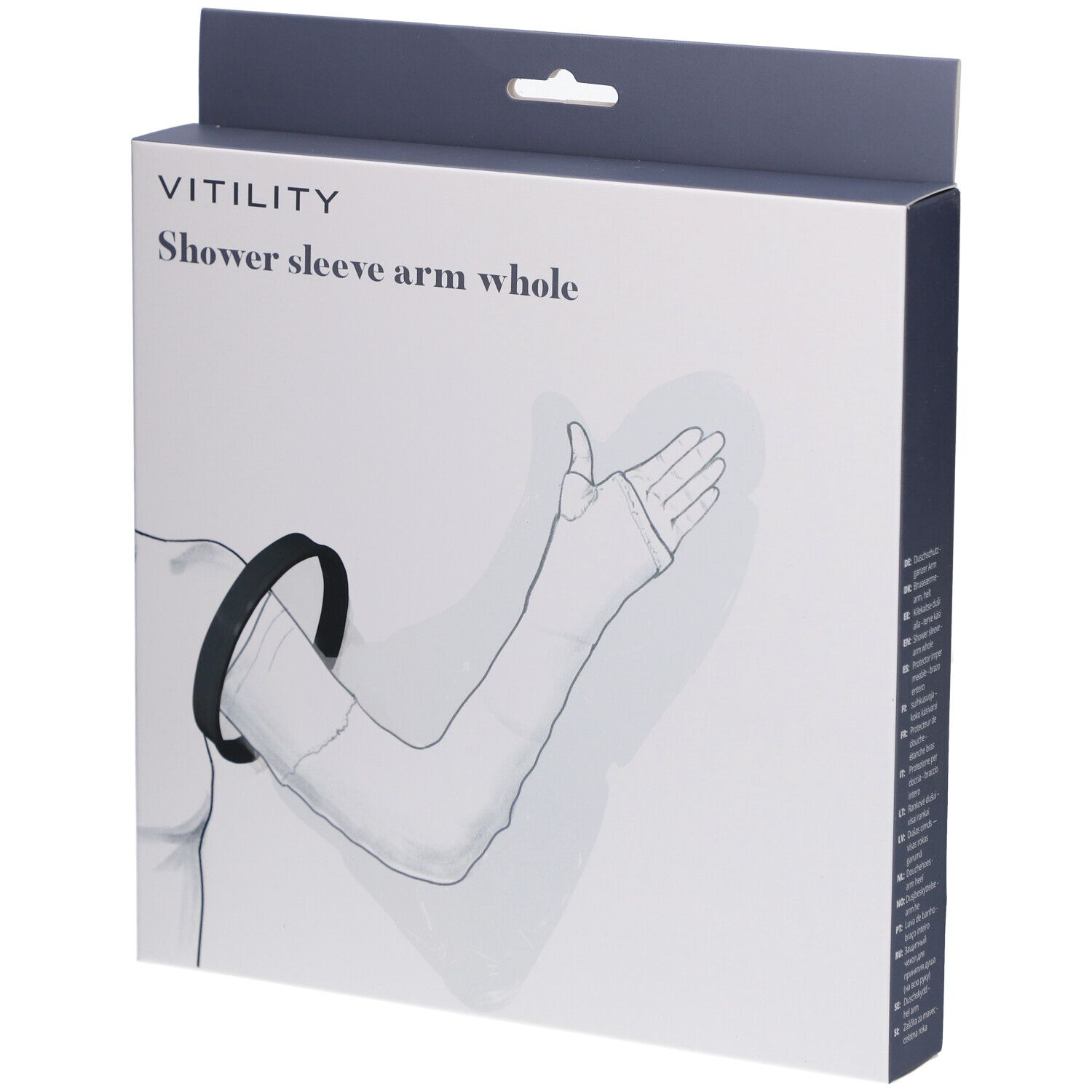 Verpackung mit Produktabbildung. Aufschrift: VITILITY, Shower sleeve arm whole. Schwarzer Ring und Armschutz.