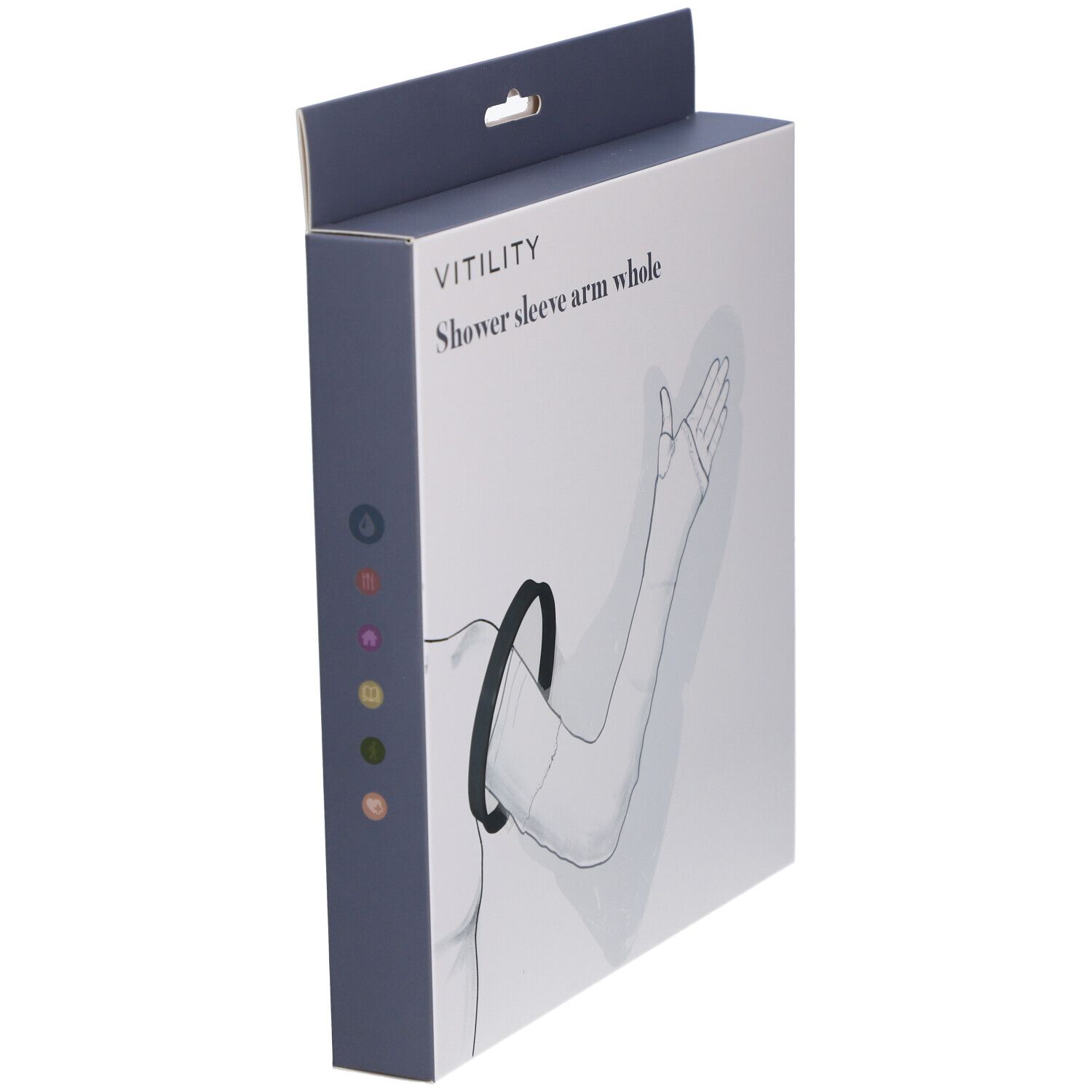 Verpackung, Seitenansicht. Aufschrift: VITILITY, Shower sleeve arm whole. Schwarzer Ring und Armschutz. Farbige Punkte.