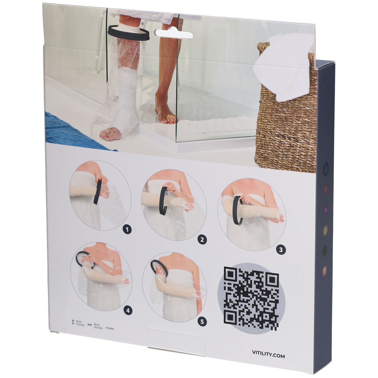 Verpackung, Rückseite mit Anwendungsbeispielen. QR-Code und VITILITY.COM. Produkt: Duschschutz für Arm.