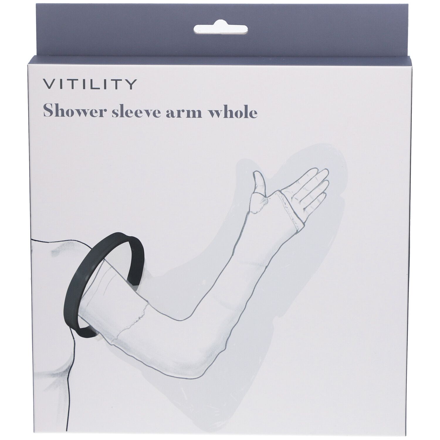 Verpackung mit Produktabbildung. Aufschrift: VITILITY, Shower sleeve arm whole. Schwarzer Ring und Armschutz.
