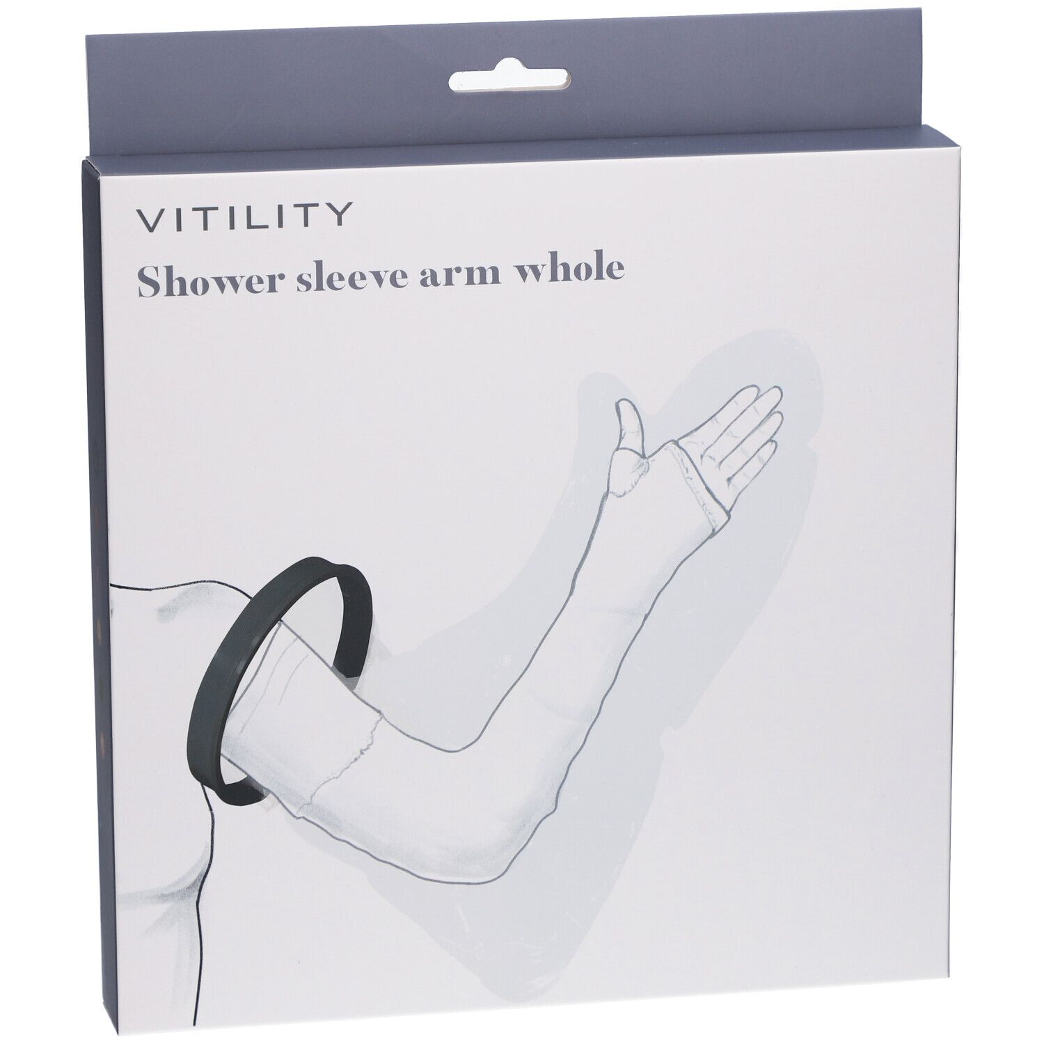 Verpackung mit Produktabbildung. Aufschrift: VITILITY, Shower sleeve arm whole. Schwarzer Ring und Armschutz.