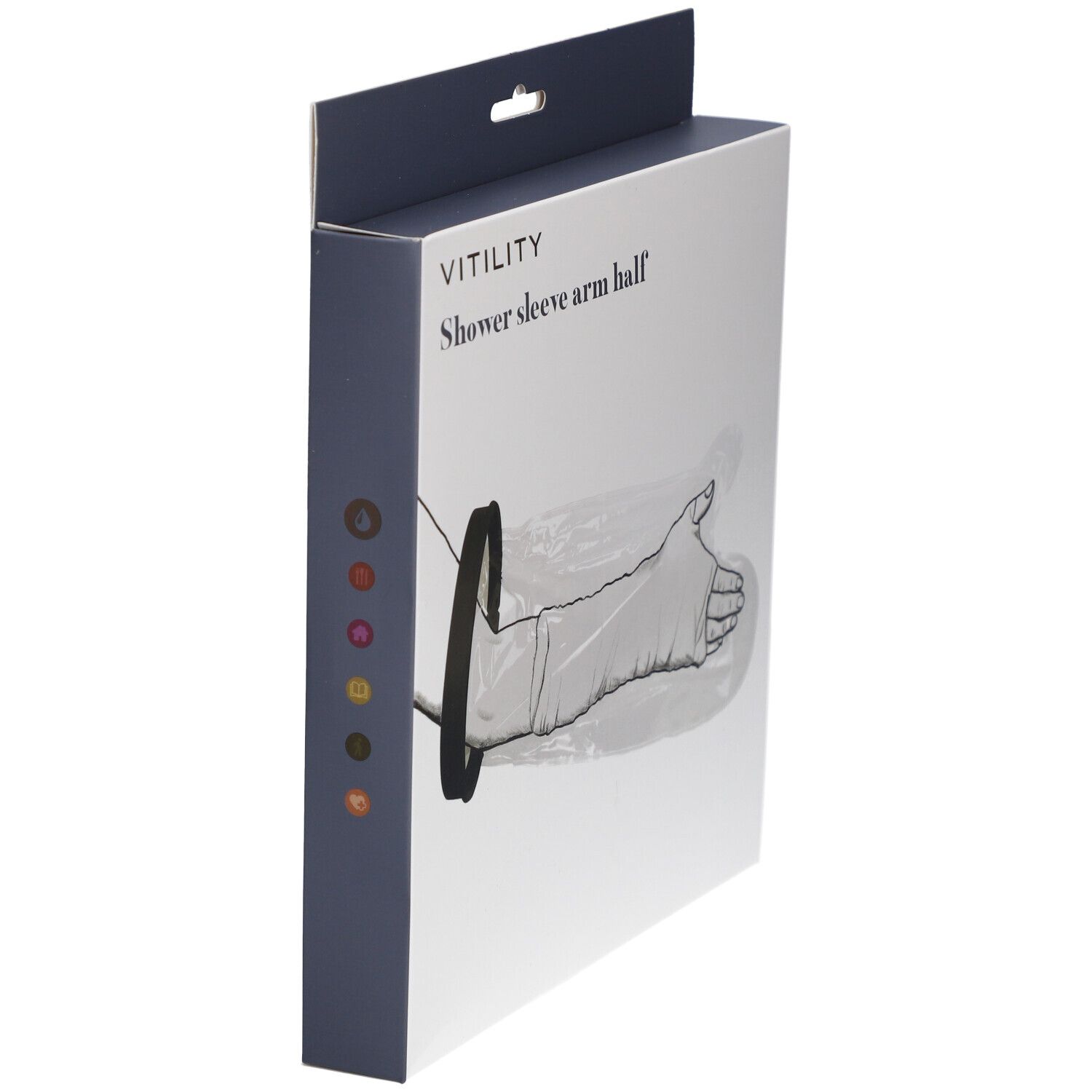 Verpackung, Seitenansicht. Aufschrift: VITILITY, Shower sleeve arm half. Farbige Punkte. Schwarzer Ring und transparente Hülle.