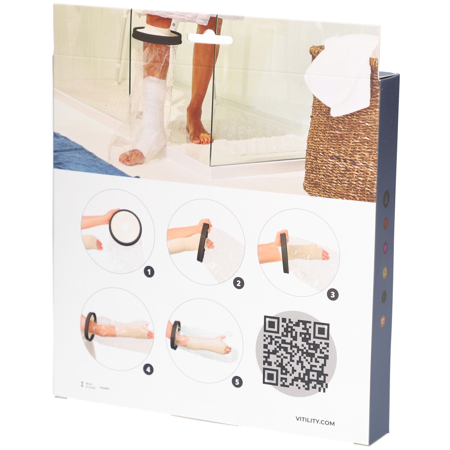 Rückseite der Verpackung. Illustrationen zur Anwendung. QR-Code. Aufschrift: VITILITY.COM. Schwarzer Ring und transparente Hülle.