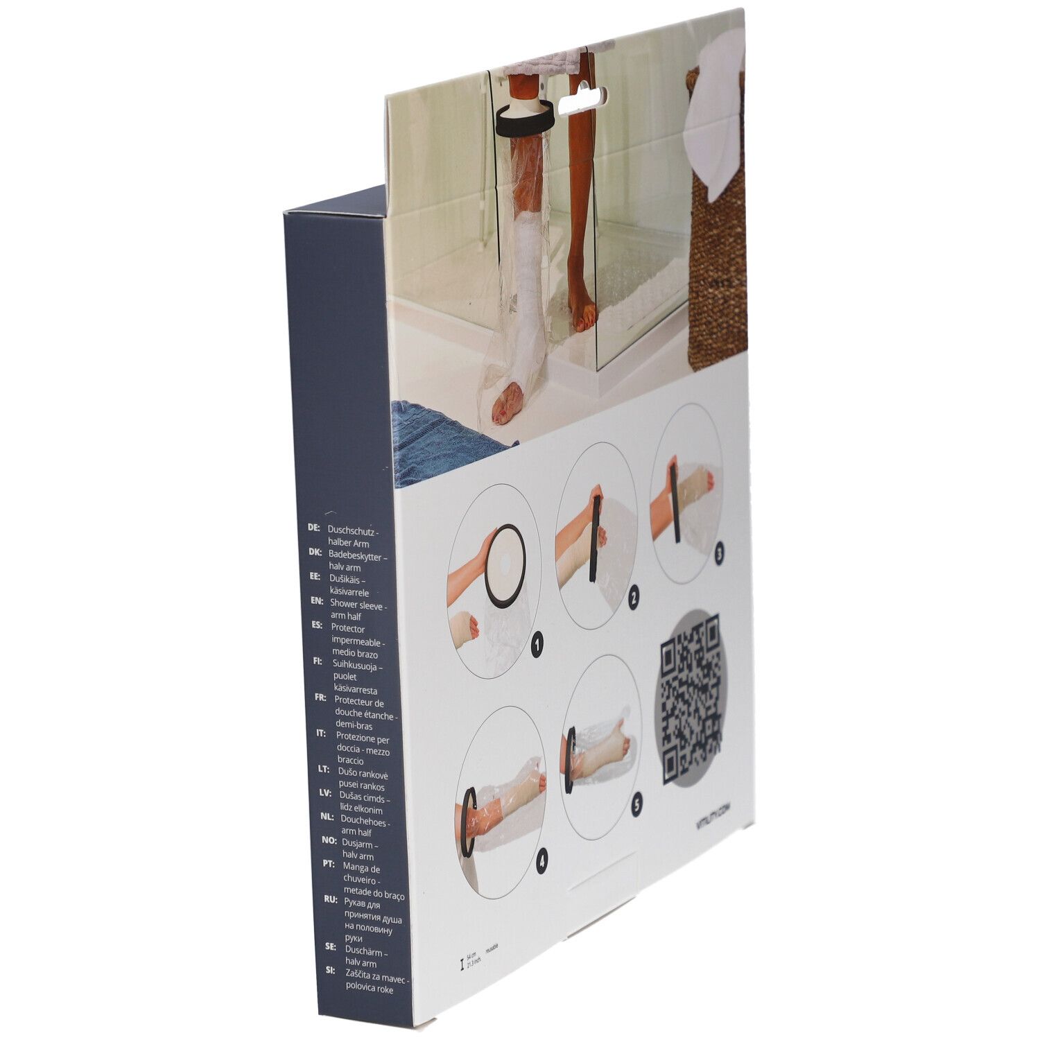 Rückseite der Verpackung, Seitenansicht. Illustrationen zur Anwendung. Aufschrift: VITILITY.COM. Schwarzer Ring und transparente Hülle.