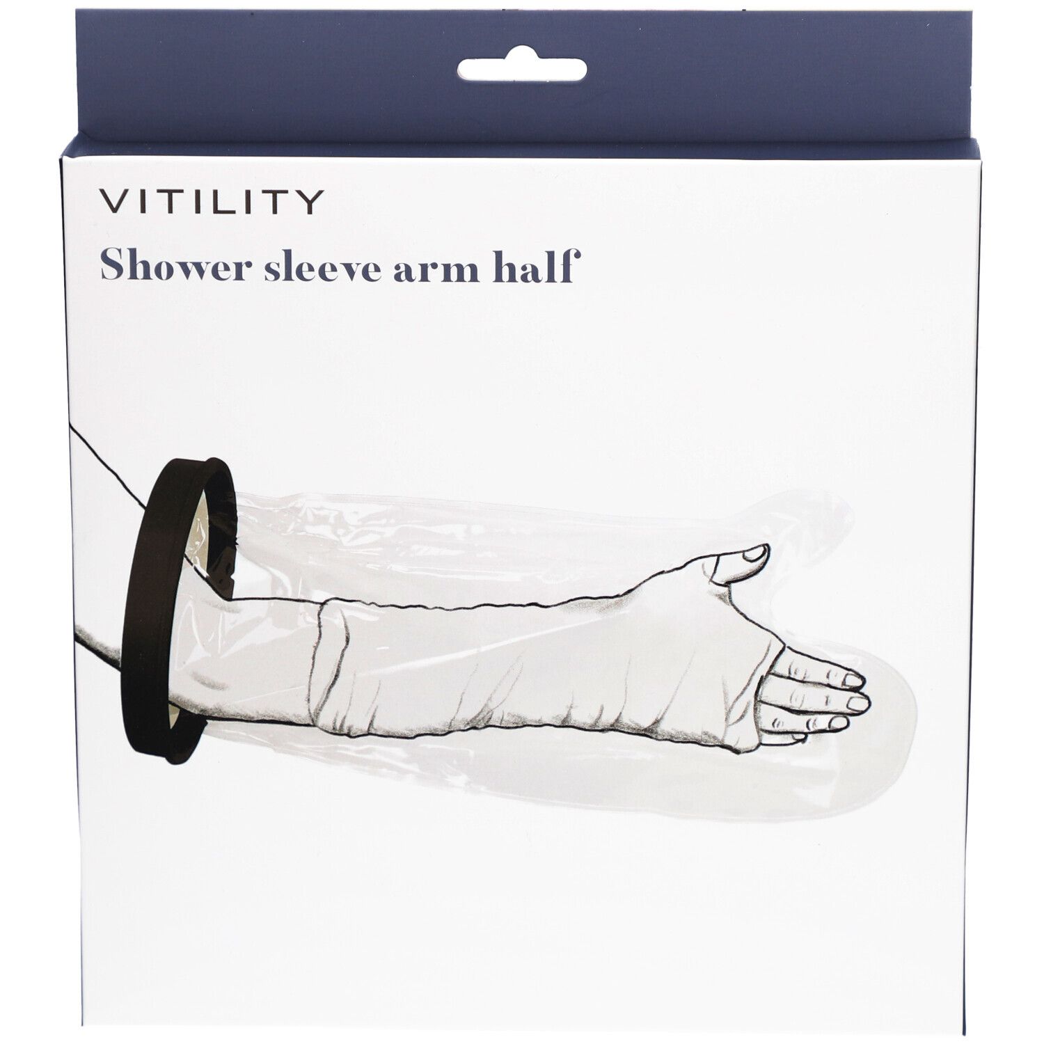 Verpackung mit Produktabbildung. Aufschrift: VITILITY, Shower sleeve arm half. Schwarzer Ring und transparente Hülle.