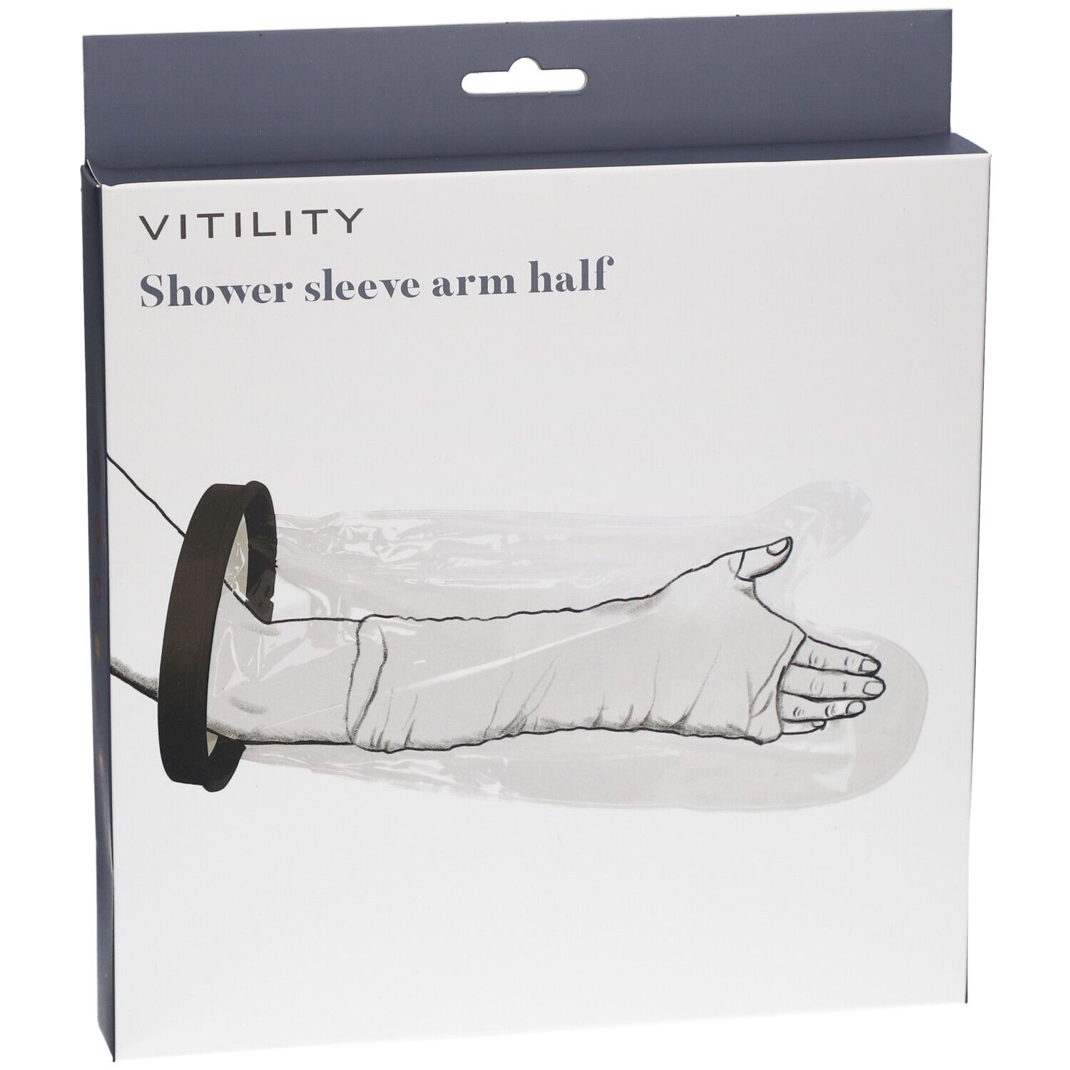 Verpackung mit Produktabbildung. Aufschrift: VITILITY, Shower sleeve arm half. Schwarzer Ring und transparente Hülle.