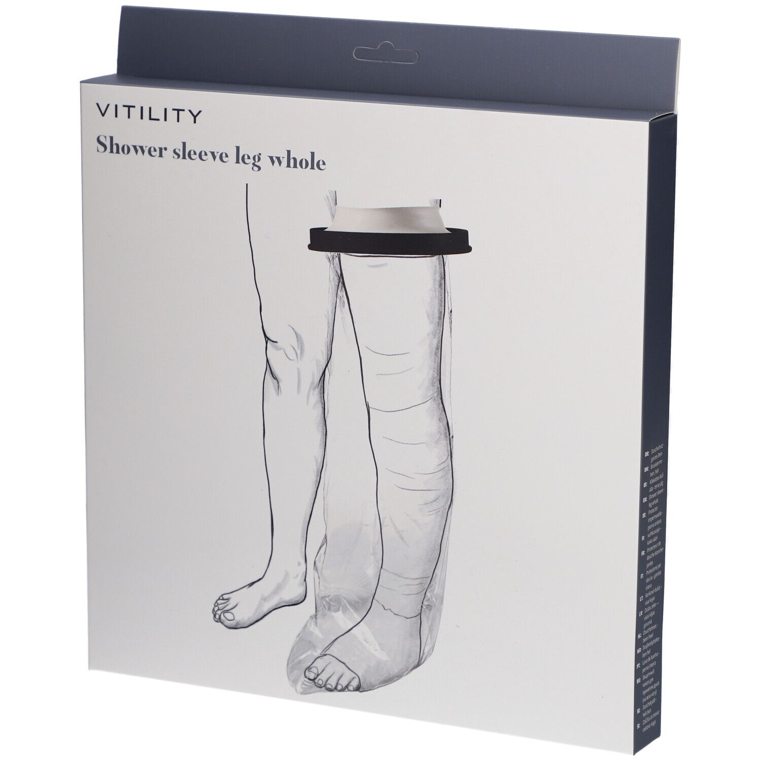Emballage pour VITILITY Duschschutz Ganzes Bein. Illustration d'une jambe avec le produit. Nom du produit et marque visibles.