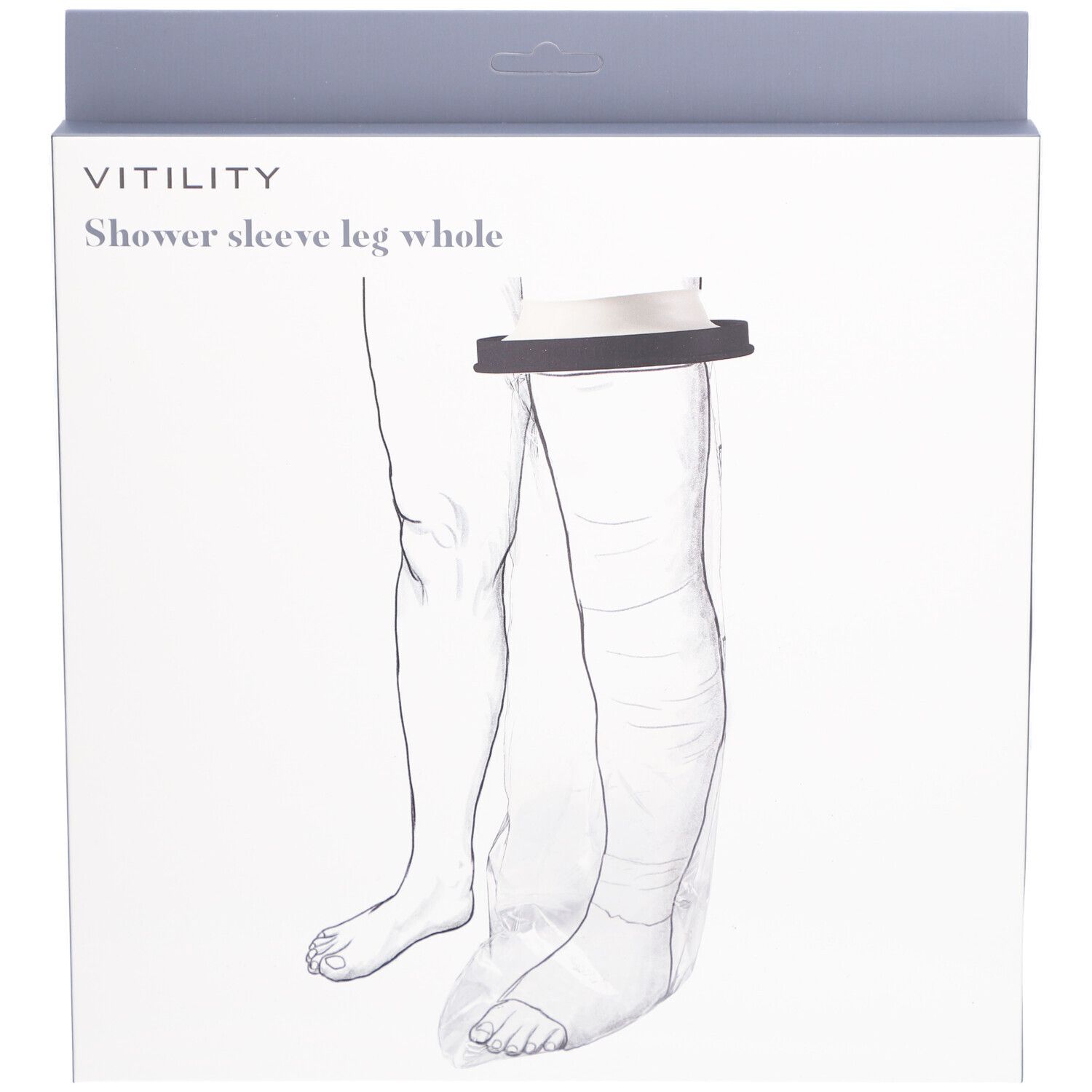 Emballage pour VITILITY Duschschutz Ganzes Bein. Illustration d'une jambe avec le produit. Nom du produit et marque visibles.