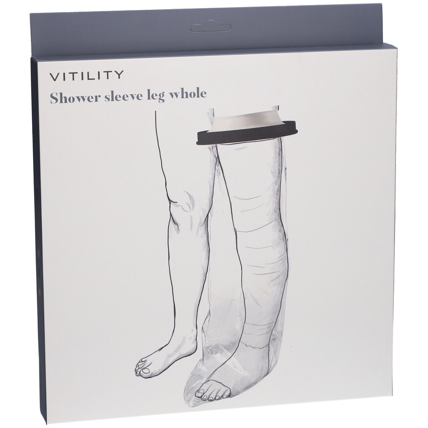 Emballage pour VITILITY Duschschutz Ganzes Bein. Illustration d'une jambe avec le produit. Nom du produit et marque visibles.