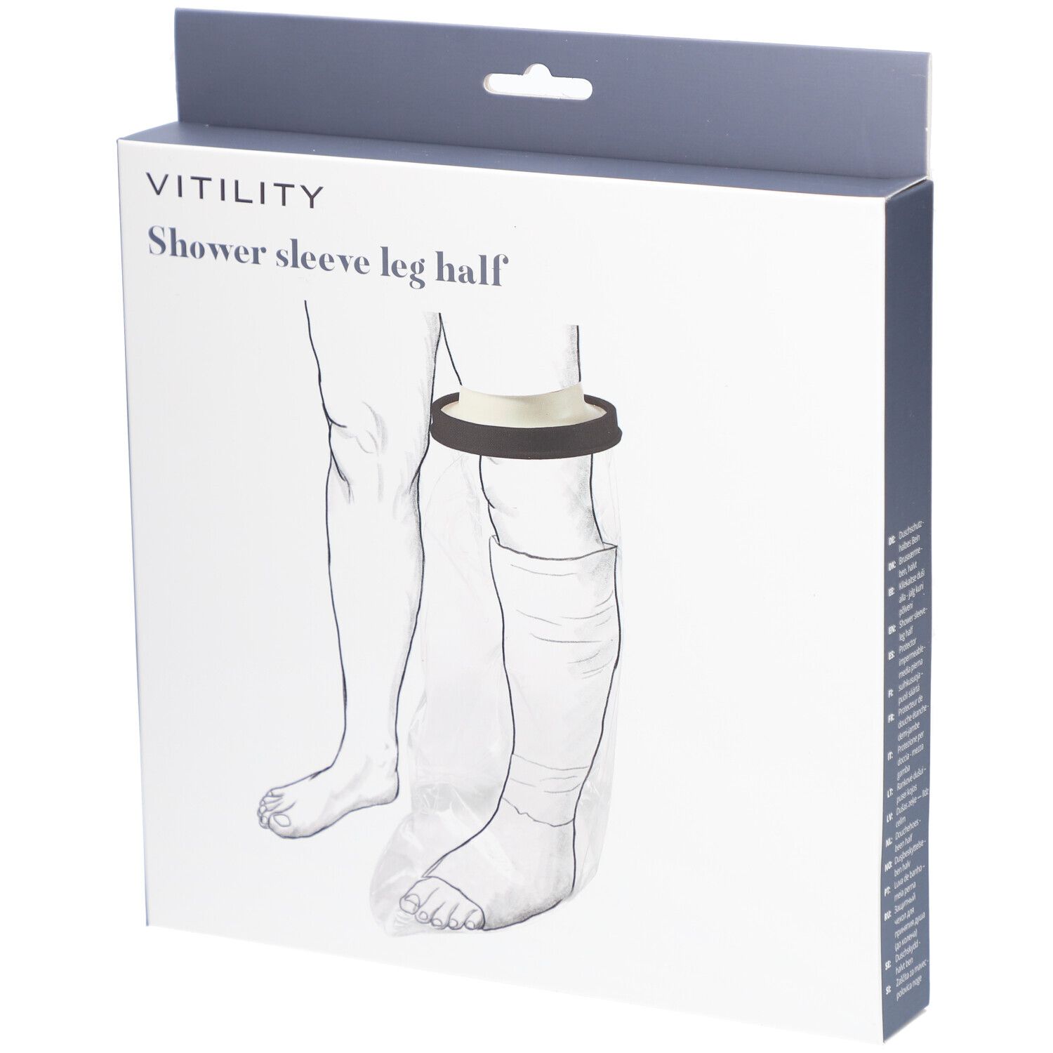 Verpackung mit Produktabbildung. Aufschrift: Vitility, Shower sleeve leg half. Gezeigt: Bein mit Duschabdeckung.