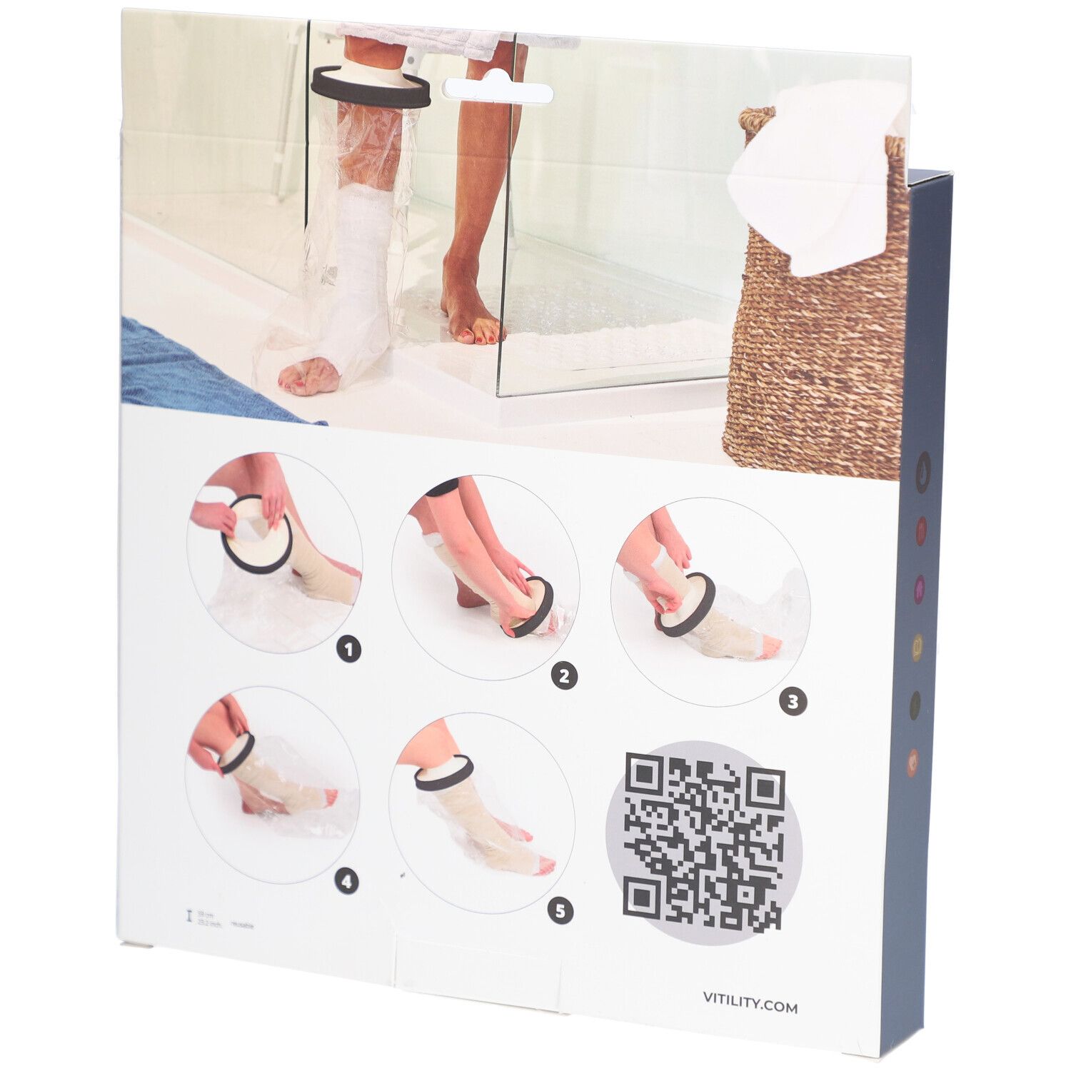 Rückseite der Verpackung. Illustrationen zur Anwendung. QR-Code und Schriftzug: VITILITY.COM. Produkt im Badezimmer.