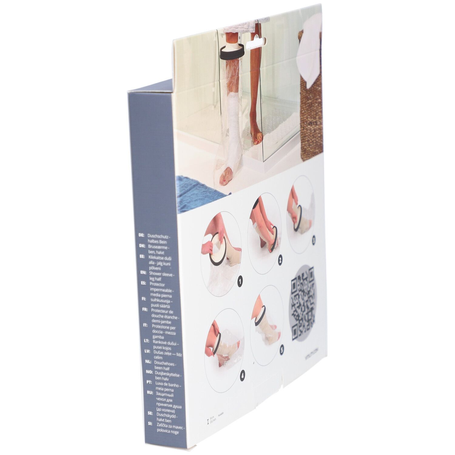Seitenansicht der Verpackung. Illustrationen zur Anwendung. Text in verschiedenen Sprachen. Produkt im Badezimmer.