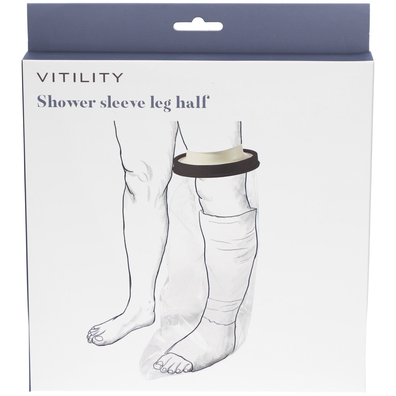 Verpackung mit Produktabbildung. Aufschrift: Vitility, Shower sleeve leg half. Gezeigt: Bein mit Duschabdeckung.