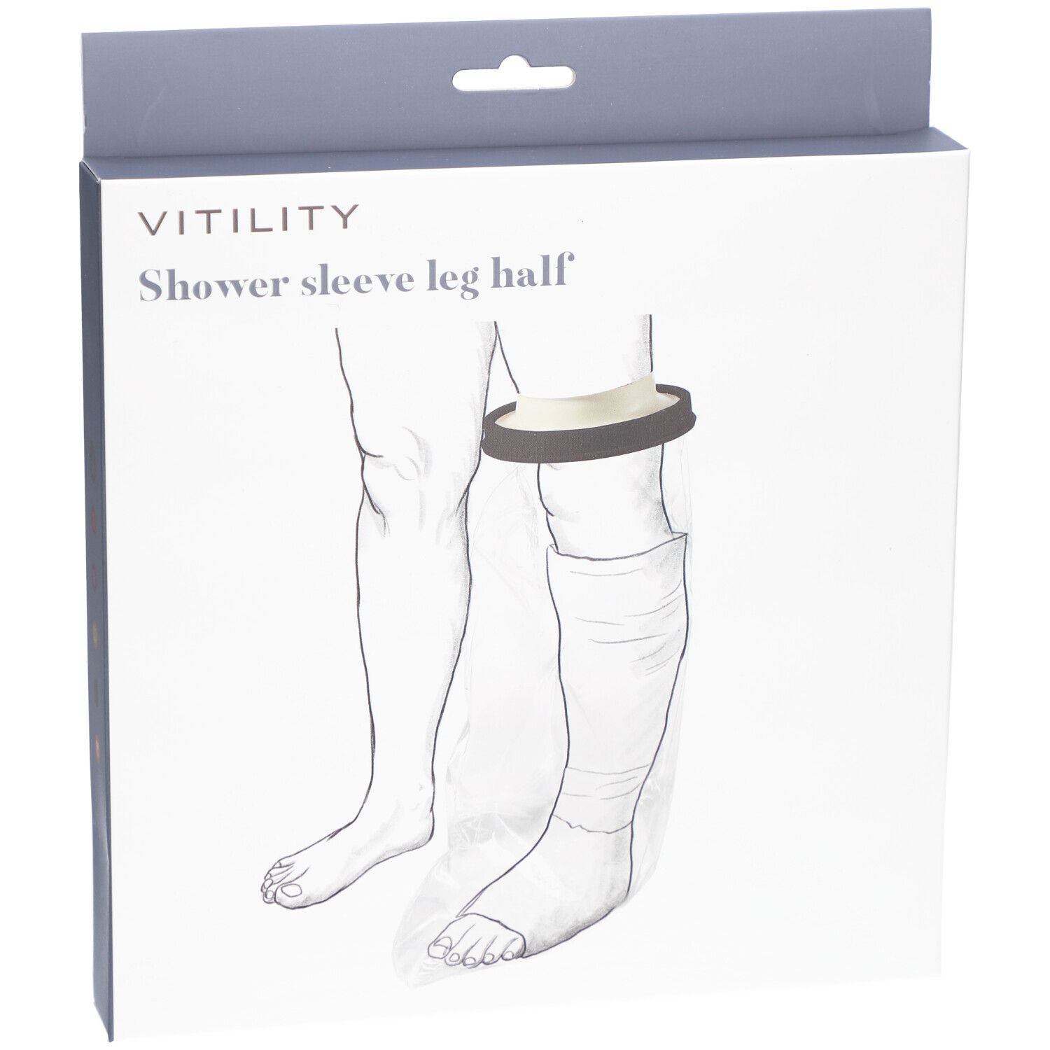 Verpackung mit Produktabbildung. Aufschrift: Vitility, Shower sleeve leg half. Gezeigt: Bein mit Duschabdeckung.