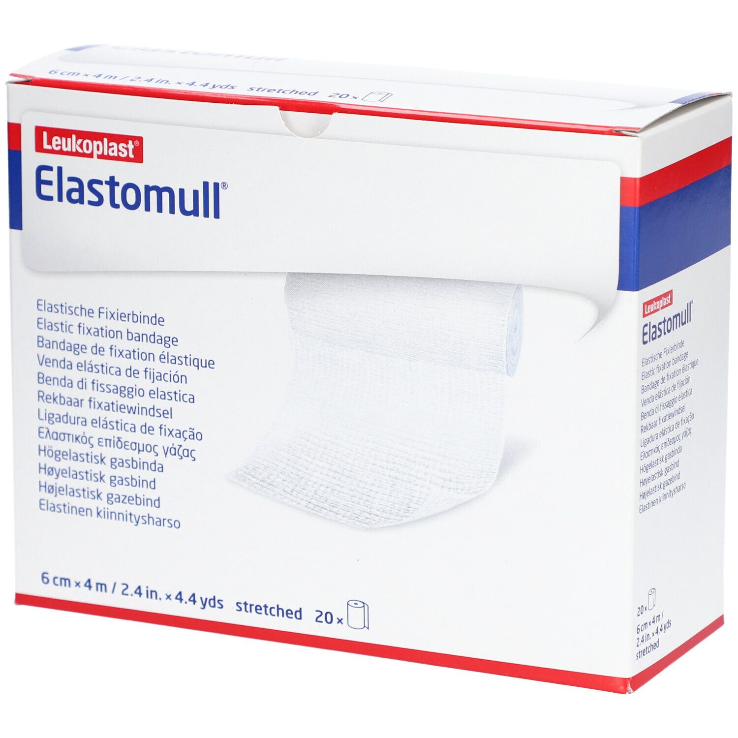 Elastomull Fixierbinde in Verpackung. 6 cm x 4 m. Weißes Verbandsmaterial wird aus der Box gezogen. Aufdruck: Leukoplast, Elastische Fixierbinde.