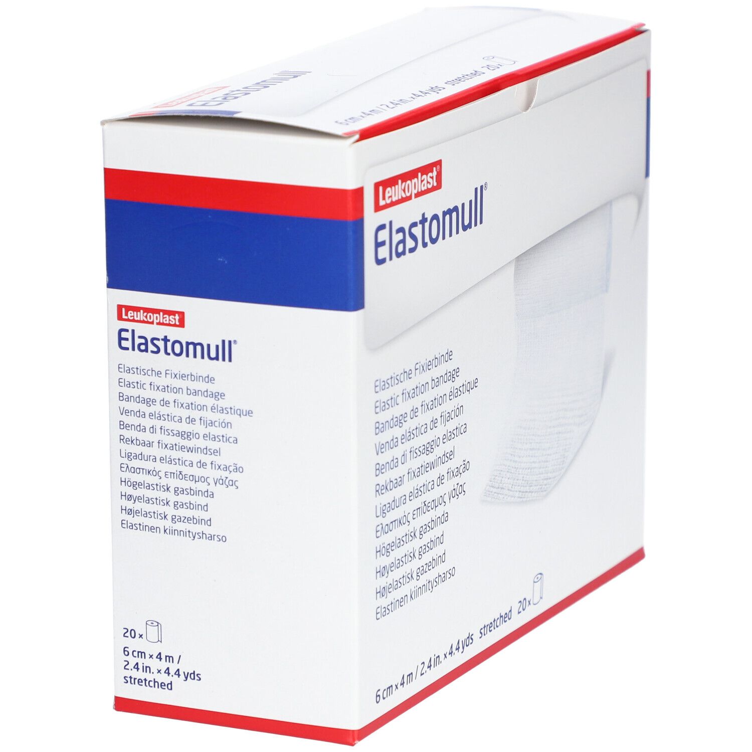 Elastomull Fixierbinde in Verpackung. 6 cm x 4 m. Weißes Verbandsmaterial. Aufdruck: Leukoplast, Elastische Fixierbinde. Perspektivische Ansicht.