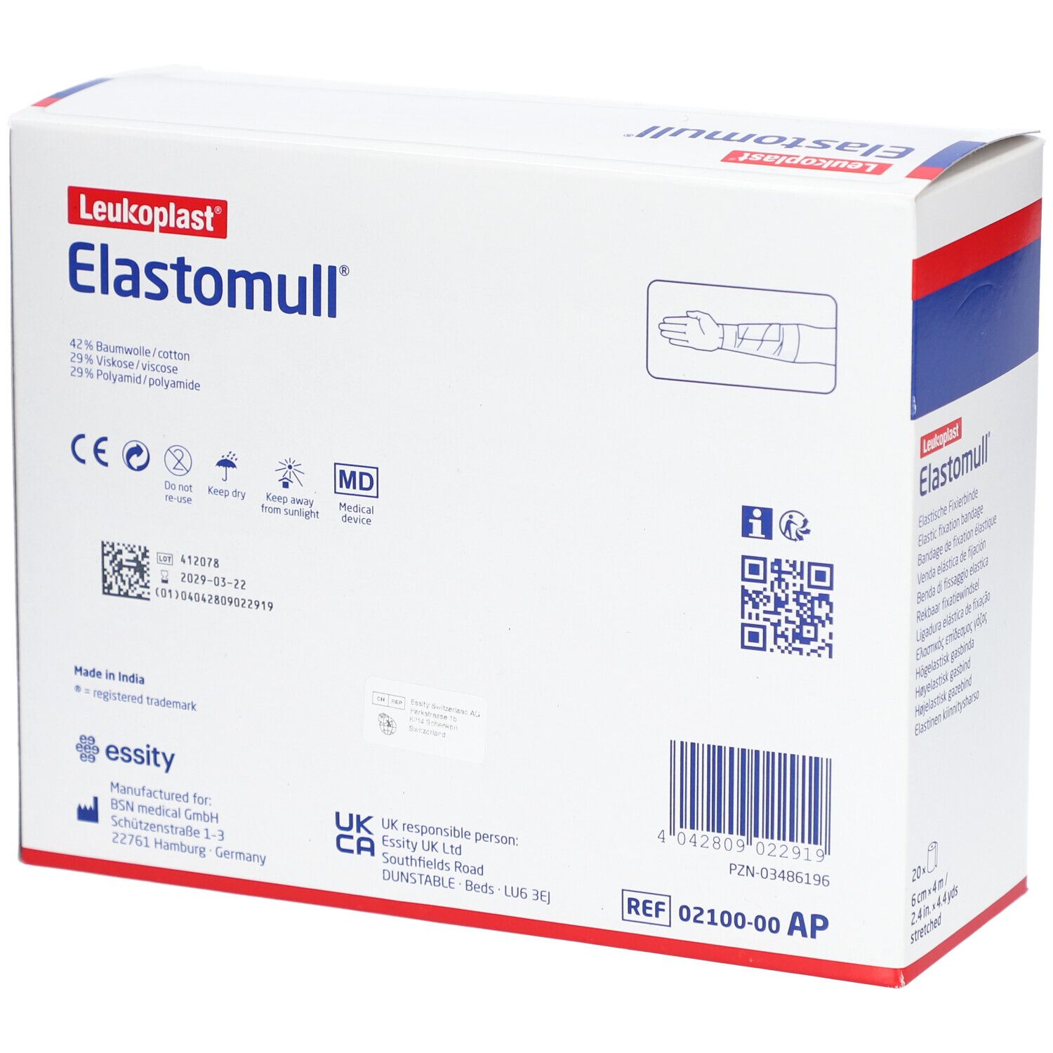 Rückseite der Elastomull Verpackung. Enthält Informationen zu Inhaltsstoffen, CE-Kennzeichnung, Hersteller und Chargennummer. Aufdruck: Leukoplast, Elastische Fixierbinde.