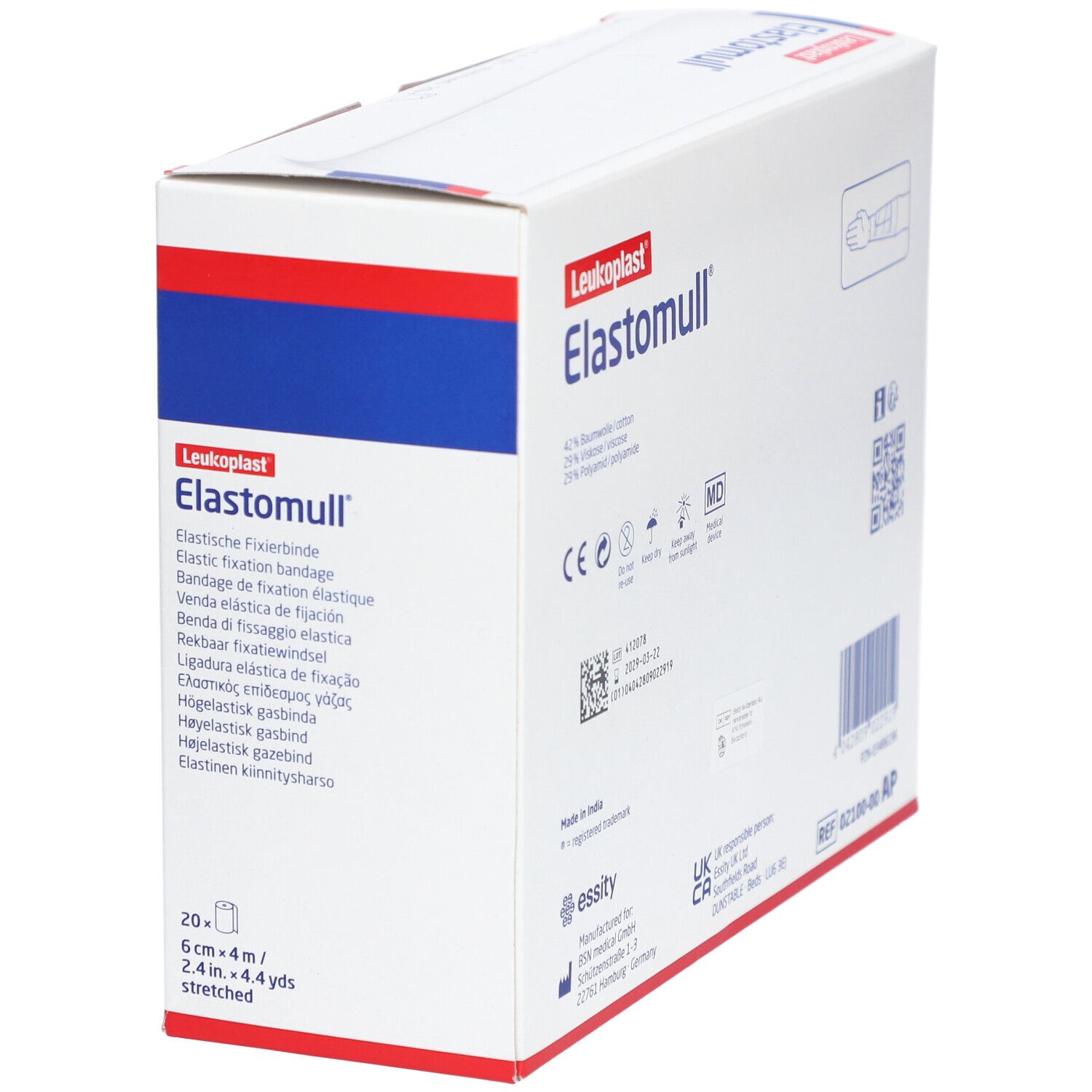 Elastomull Fixierbinde in Verpackung. 6 cm x 4 m. Aufdruck: Leukoplast, Elastische Fixierbinde. Perspektivische Ansicht.