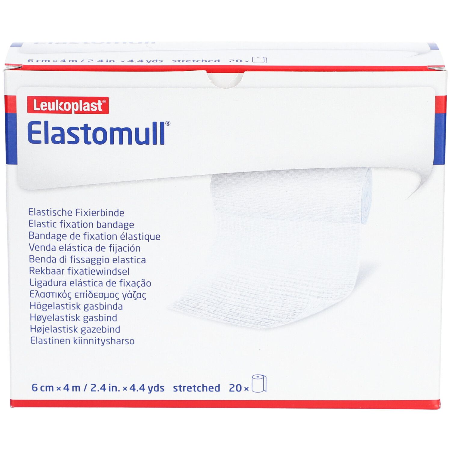 Elastomull Fixierbinde in Verpackung. 6 cm x 4 m. Weißes Verbandsmaterial wird aus der Box gezogen. Aufdruck: Leukoplast, Elastische Fixierbinde.