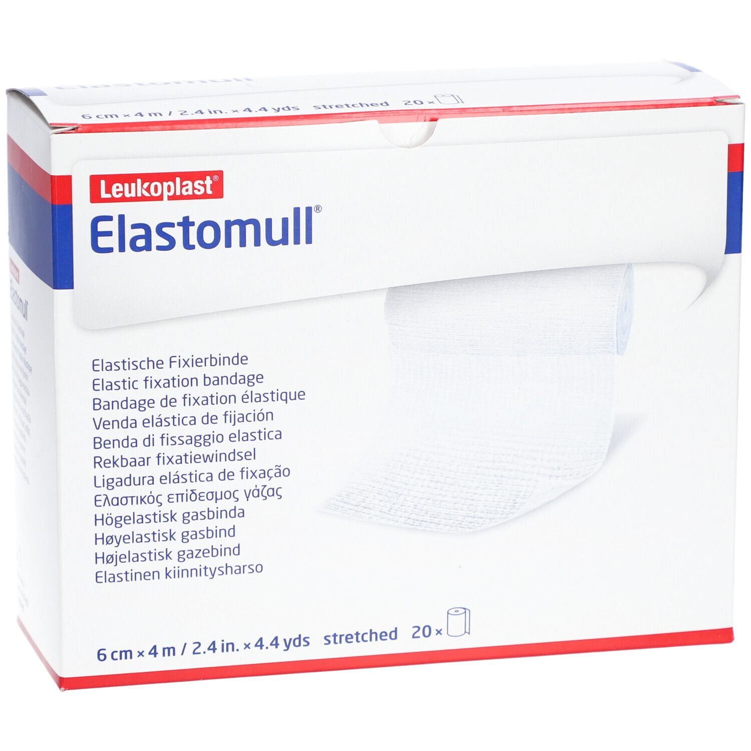 Elastomull Fixierbinde in Verpackung. 6 cm x 4 m. Weißes Verbandsmaterial wird aus der Box gezogen. Aufdruck: Leukoplast, Elastische Fixierbinde.