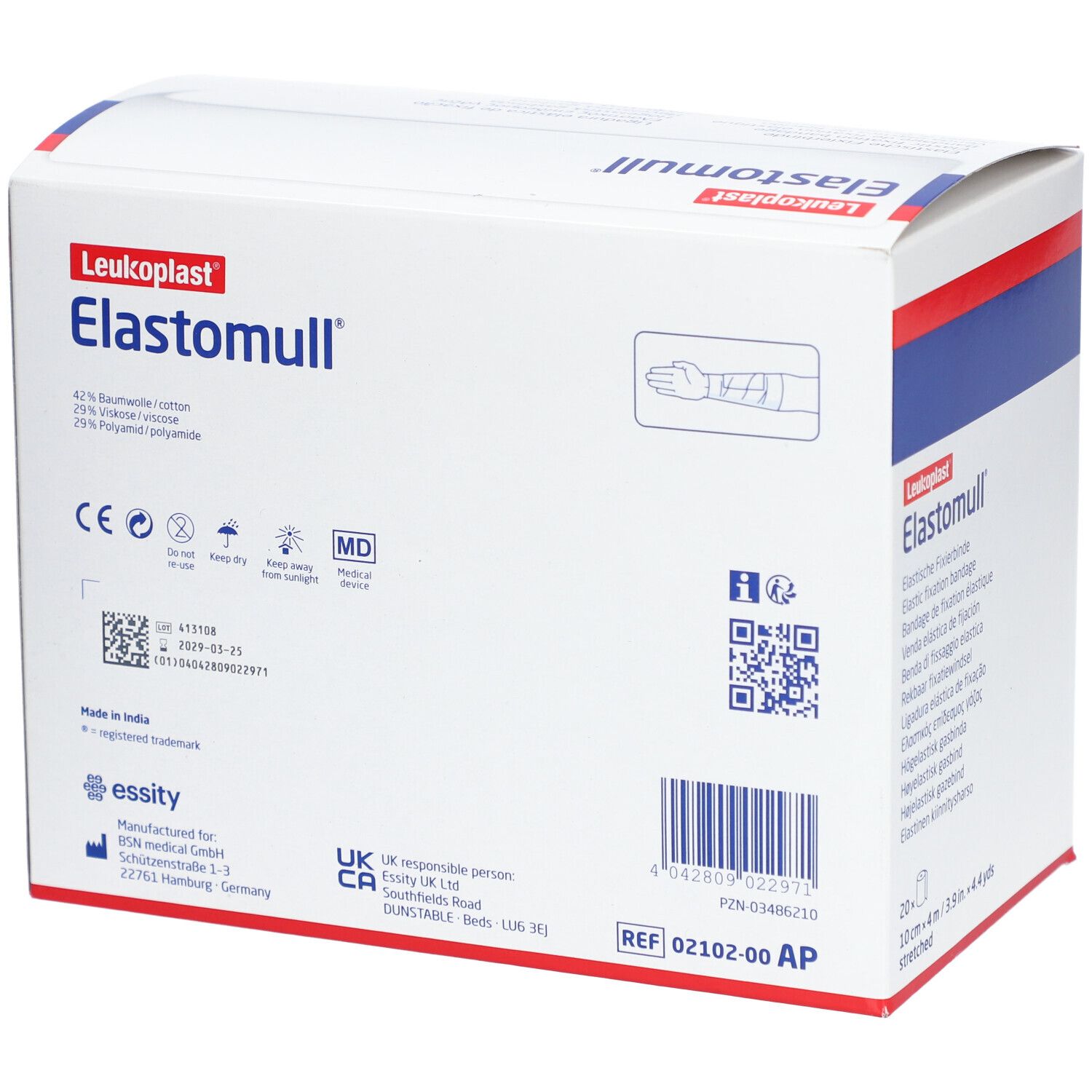 Elastomull-Verpackung, Rückseite. Produktname, Inhaltsstoffe, CE-Kennzeichnung und weitere Informationen sind sichtbar.