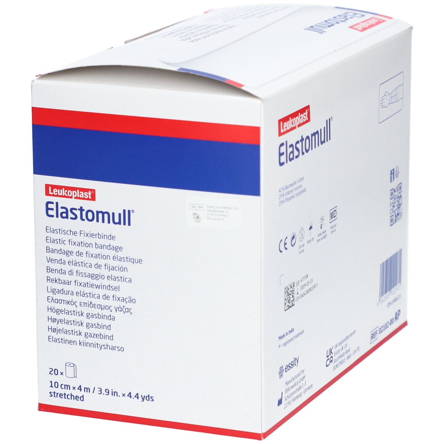 Elastomull-Verpackung, schräg. Produktname und Größenangabe sichtbar. Verpackung mit CE-Kennzeichnung.