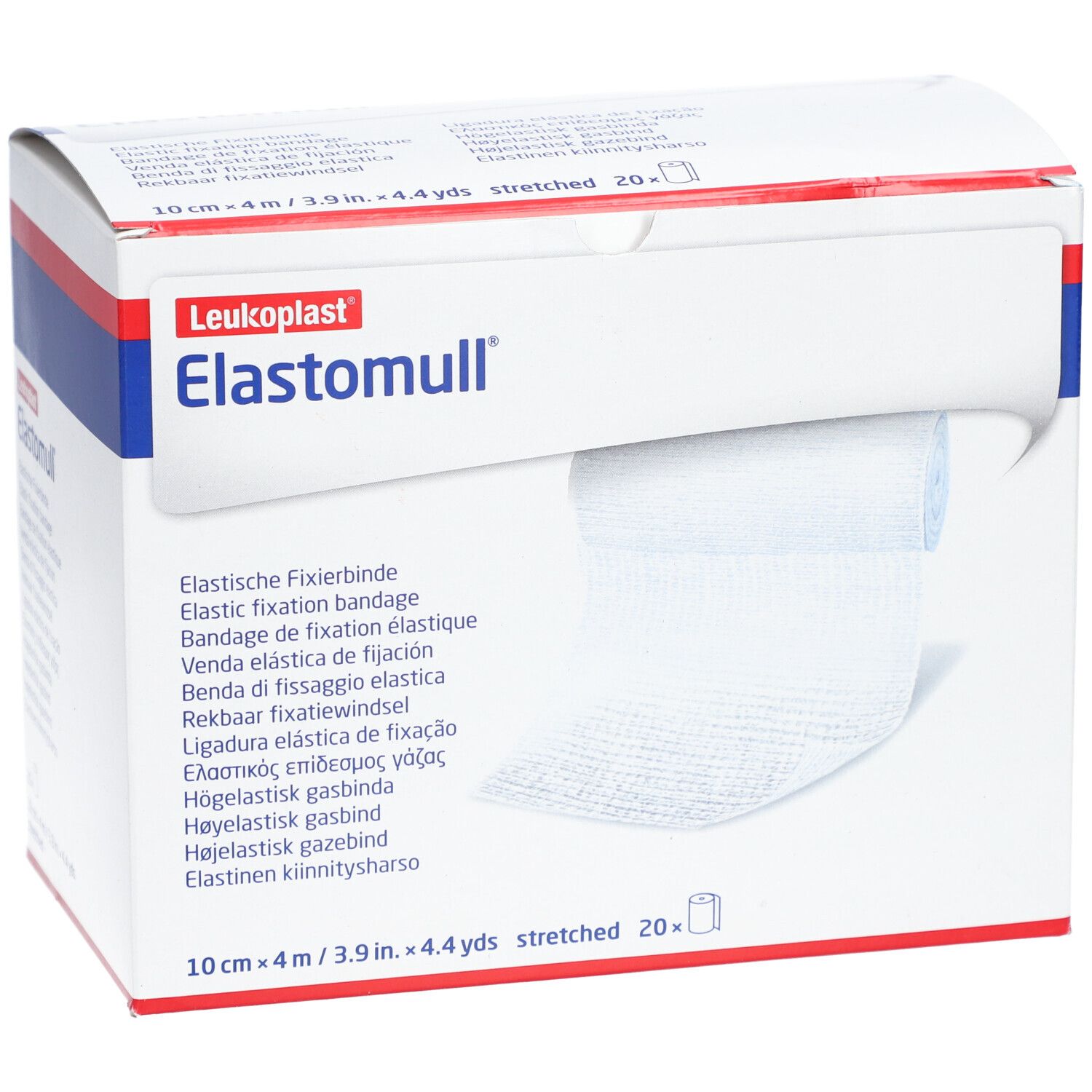Elastomull-Verpackung. Produktname und Größenangabe sichtbar. Rolle der Fixierbinde teilweise sichtbar.