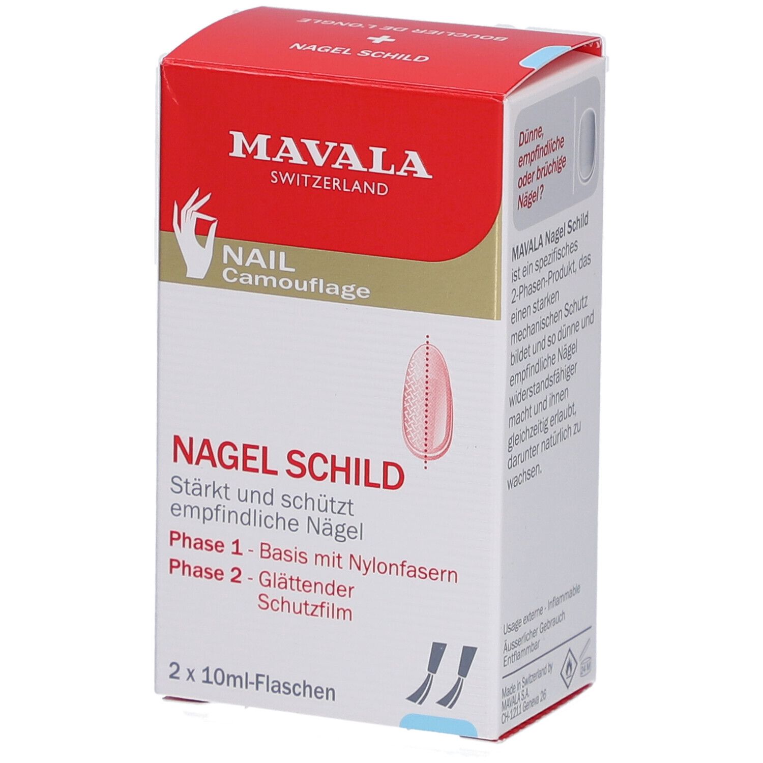Verpackung mit Produktnamen und Logo. Enthält zwei Flaschen. Text: NAGEL SCHILD, Phase 1 - Basis mit Nylonfasern, Phase 2 - Glättender Schutzfilm.