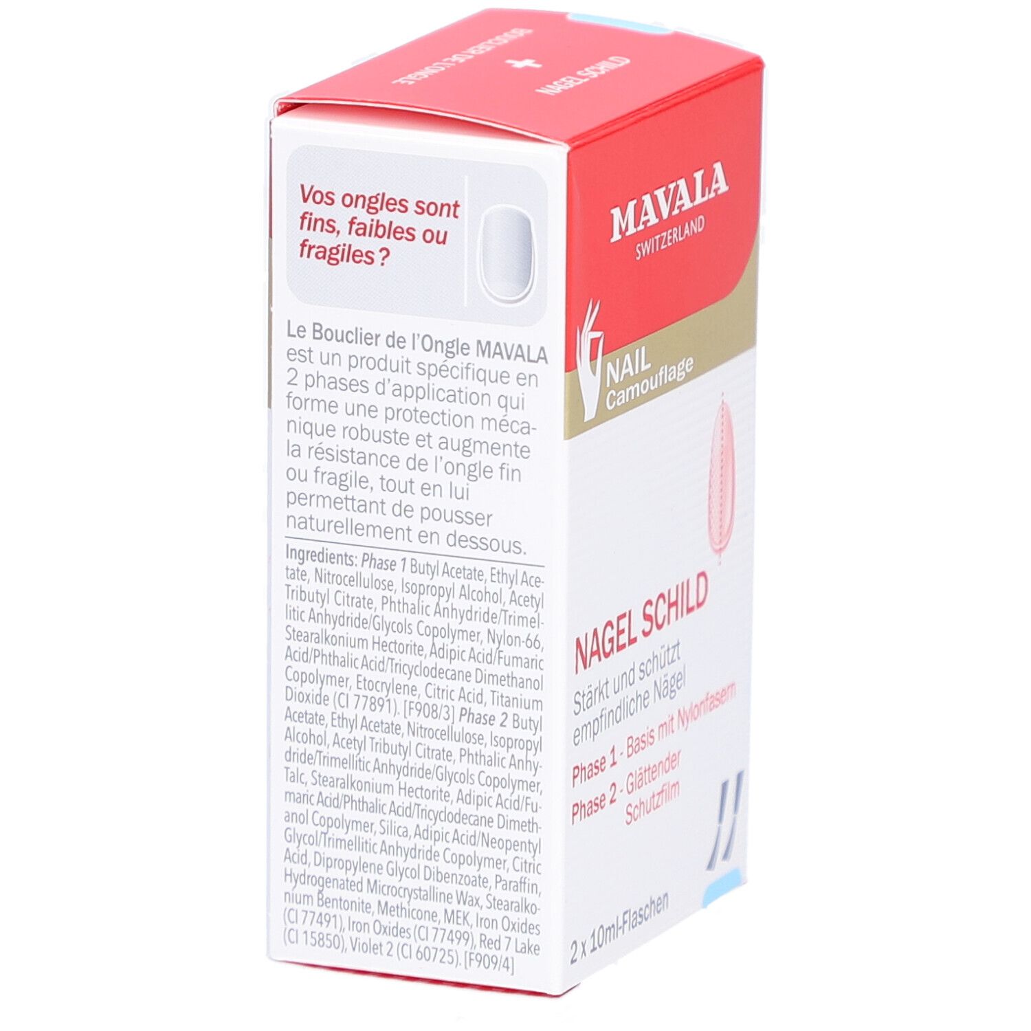 Verpackung mit Produktnamen und Logo. Enthält zwei Flaschen. Text: NAGEL SCHILD, Phase 1 - Basis mit Nylonfasern, Phase 2 - Glättender Schutzfilm.