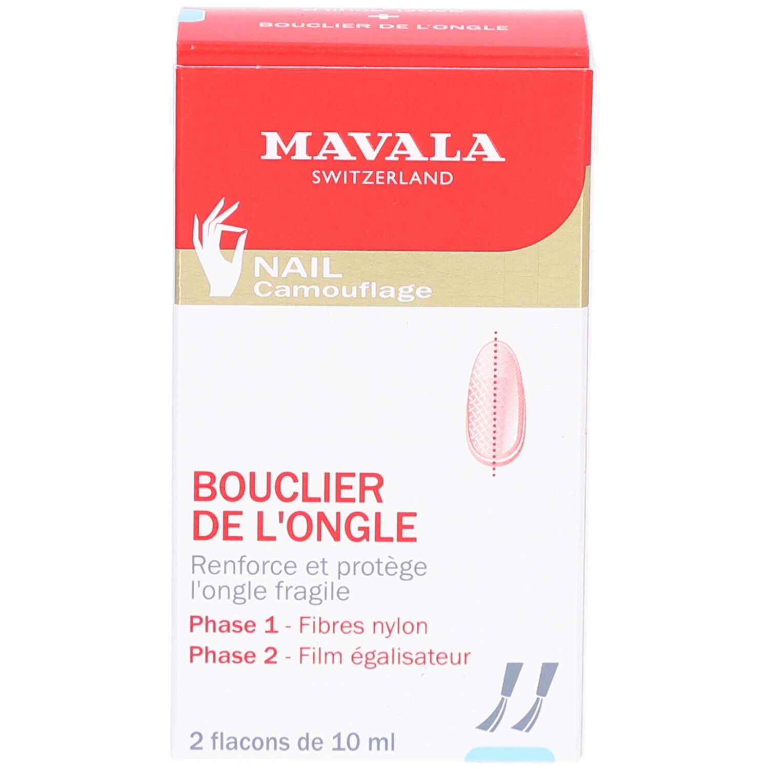 Verpackung mit Produktnamen und Logo. Enthält zwei Flaschen. Text: BOUCLIER DE L'ONGLE, Phase 1 - Fibres nylon, Phase 2 - Film égalisateur.