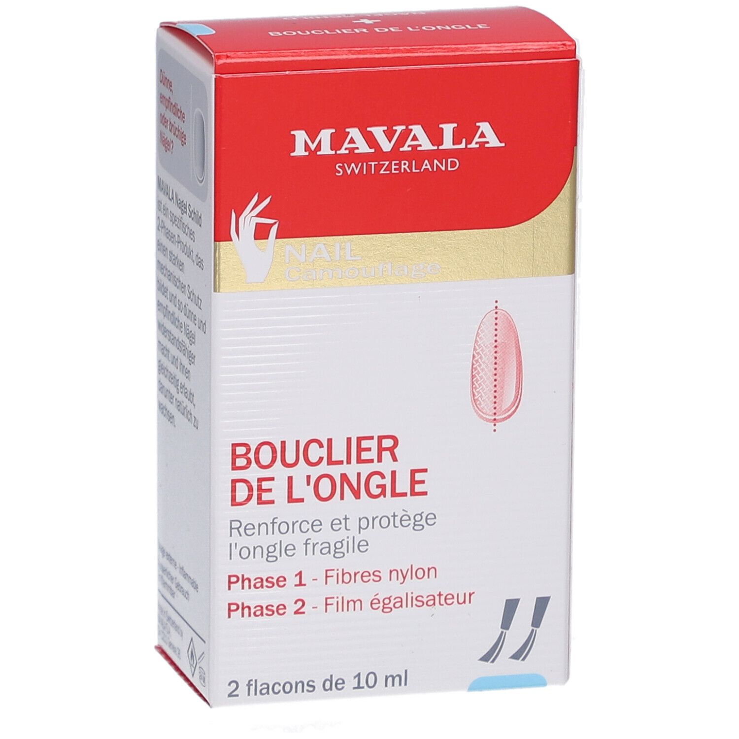 Verpackung mit Produktnamen und Logo. Enthält zwei Flaschen. Text: BOUCLIER DE L'ONGLE, Phase 1 - Fibres nylon, Phase 2 - Film égalisateur.