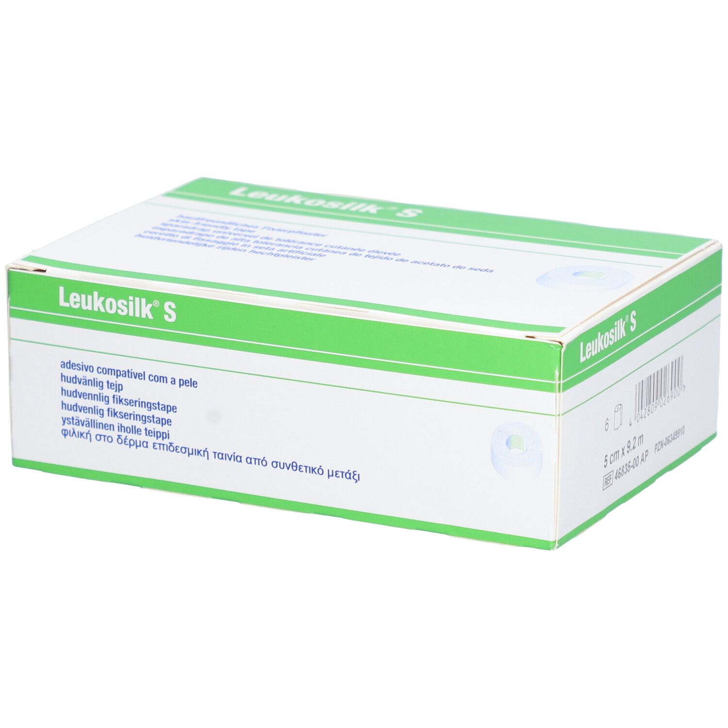 Verpackung von Leukosilk S. Weiß-grüne Schachtel. Aufschrift Leukosilk S. Auf der Seite: 5 cm x 9,2 m.
