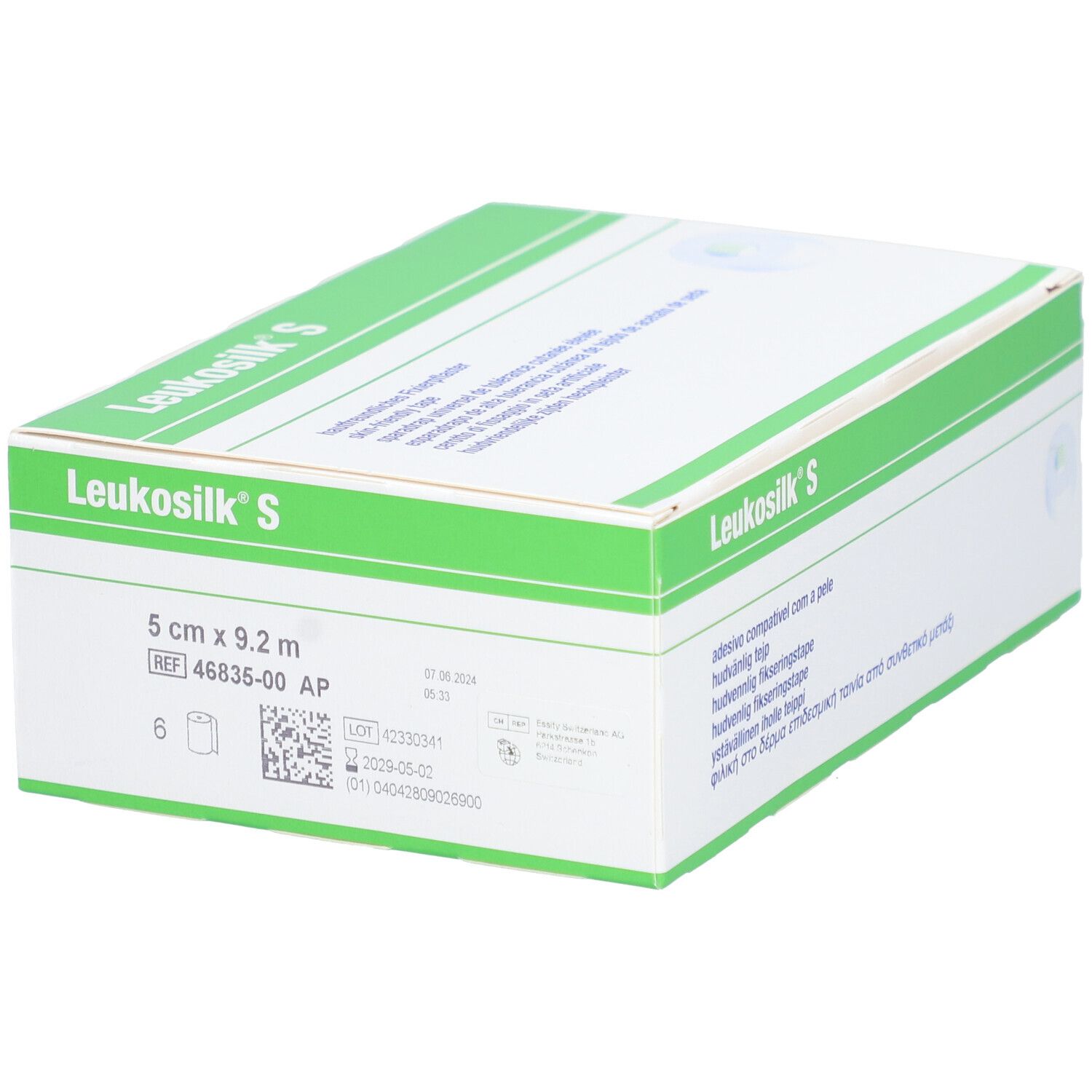 Verpackung von Leukosilk S. Weiß-grüne Schachtel. Aufschrift Leukosilk S. Auf der Seite: 5 cm x 9,2 m. 6 Rollen.