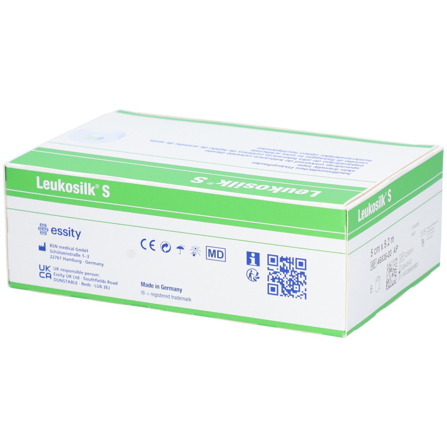 Verpackung von Leukosilk S. Weiß-grüne Schachtel. Aufschrift Leukosilk S. Auf der Seite: 5 cm x 9,2 m. Mit CE-Kennzeichnung.