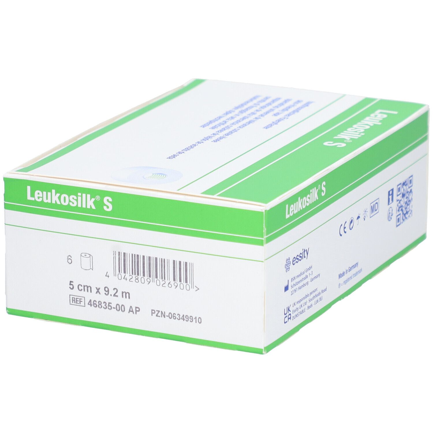 Verpackung von Leukosilk S. Weiß-grüne Schachtel. Aufschrift Leukosilk S. Auf der Seite: 5 cm x 9,2 m. Mit Barcode.