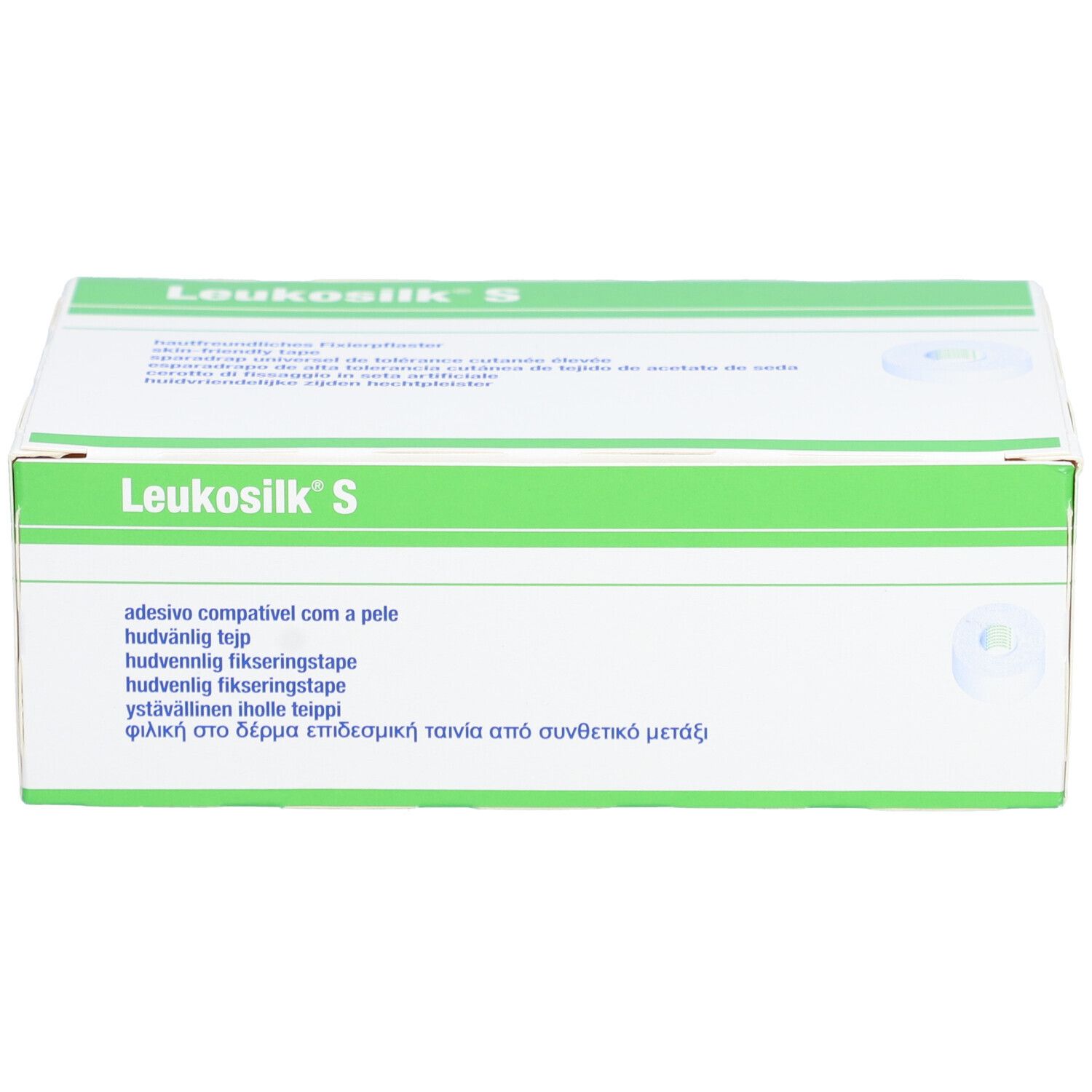 Verpackung von Leukosilk S. Weiß-grüne Schachtel. Aufschrift Leukosilk S. Auf der Seite: 5 cm x 9,2 m. Mehrsprachige Texte.