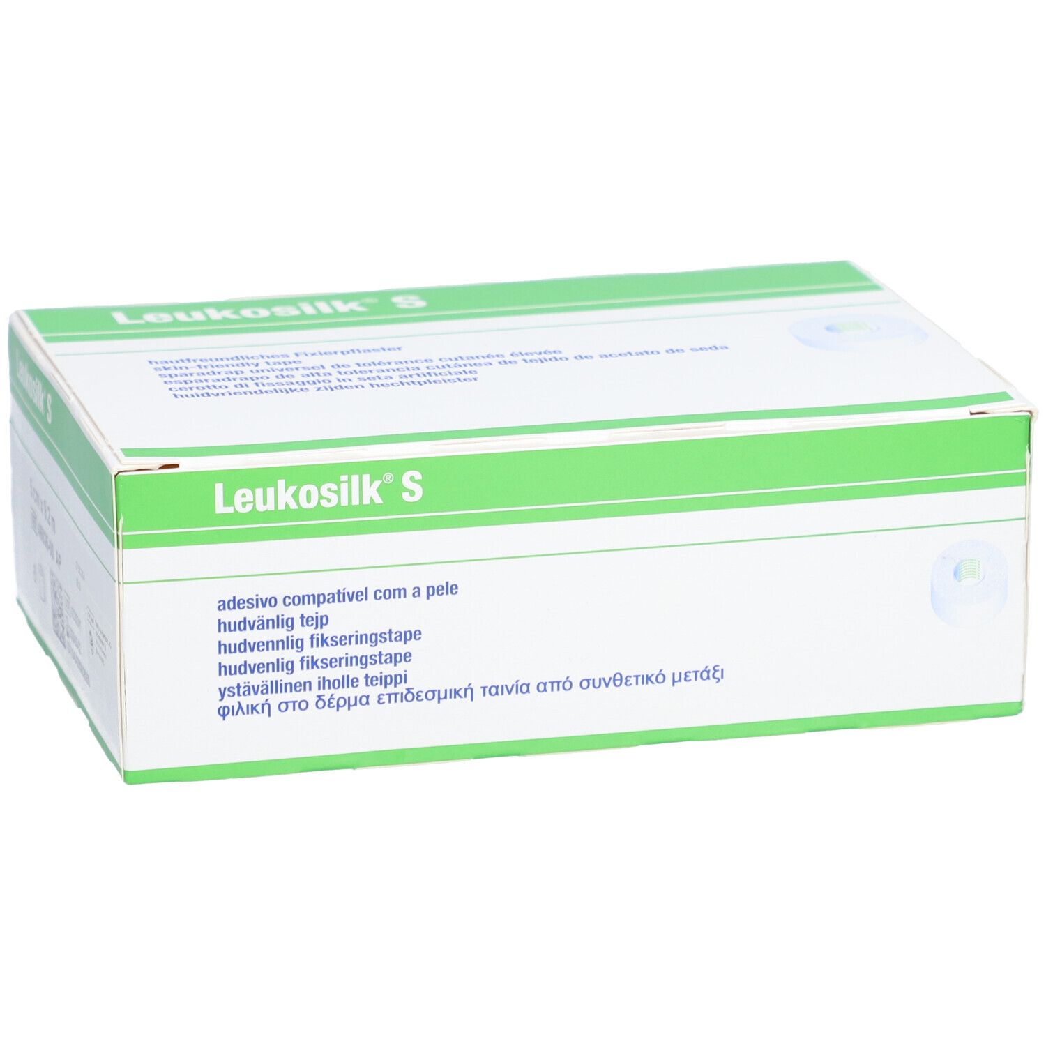 Verpackung von Leukosilk S. Weiß-grüne Schachtel. Aufschrift Leukosilk S. Auf der Seite: 5 cm x 9,2 m. Mehrsprachige Texte.