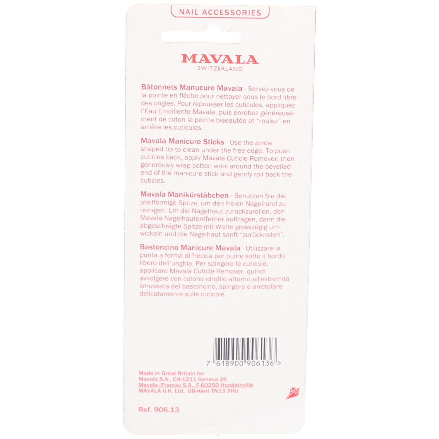 Rückseite der Mavala Manikürestäbchen-Verpackung. Text in mehreren Sprachen, Produktanwendung und Marke.