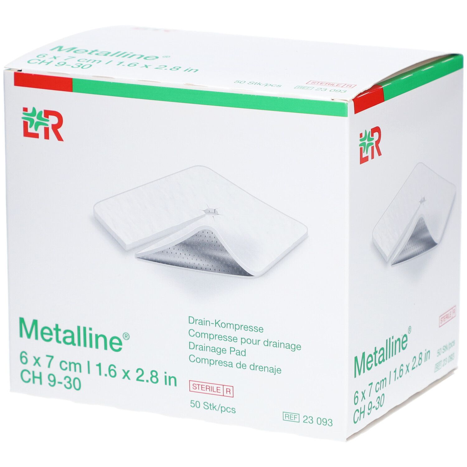 Karton mit Metalline® Kompressen. Größe: 6 x 7 cm. Aufdruck: Drain-Kompresse, steril.