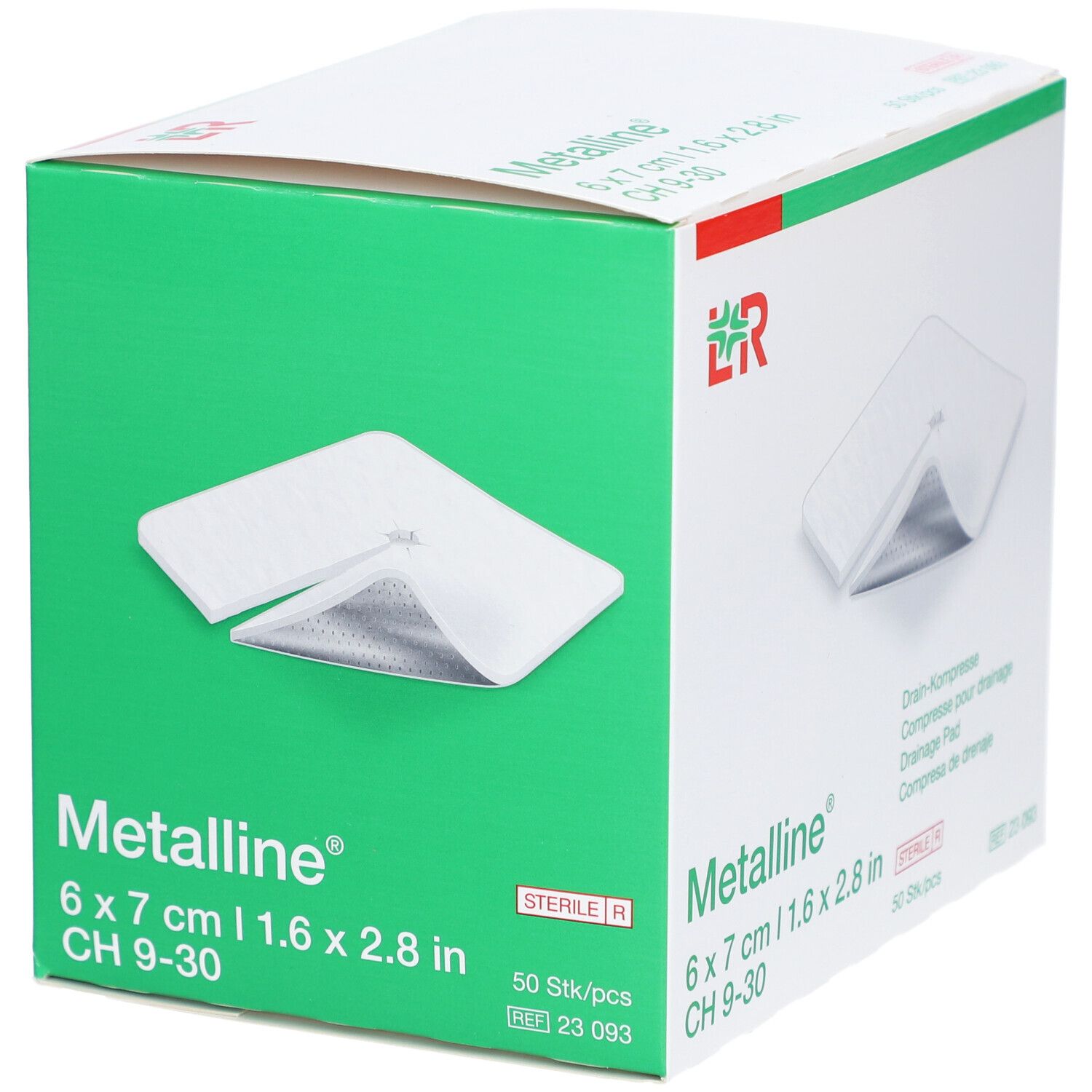 Grüne Verpackung mit Metalline® Kompressen. Größe: 6 x 7 cm. Aufdruck: Drain-Kompresse, steril.