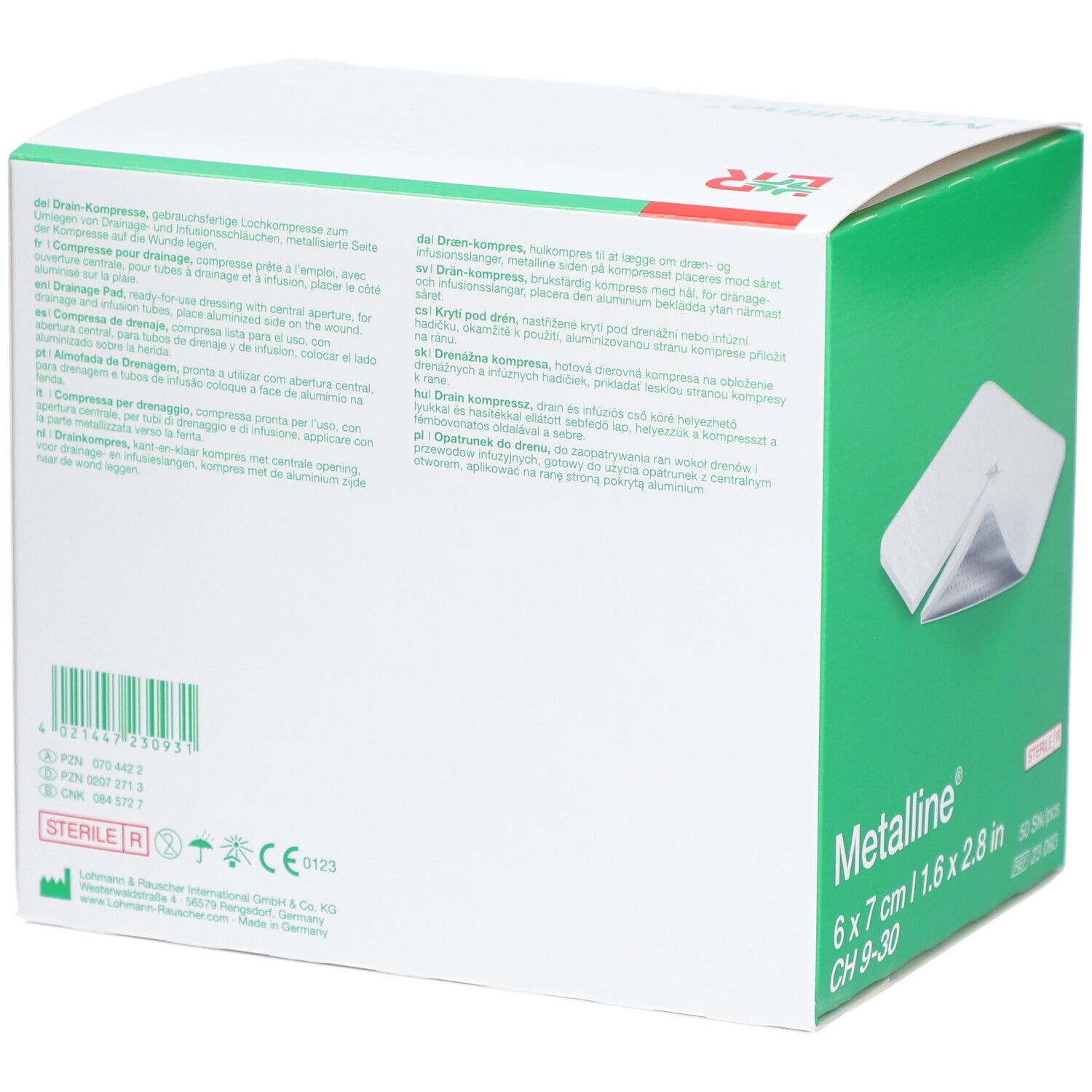 Rückseite der Verpackung mit Produktinformationen und Zertifizierungen. Metalline® Kompressen, 6 x 7 cm.