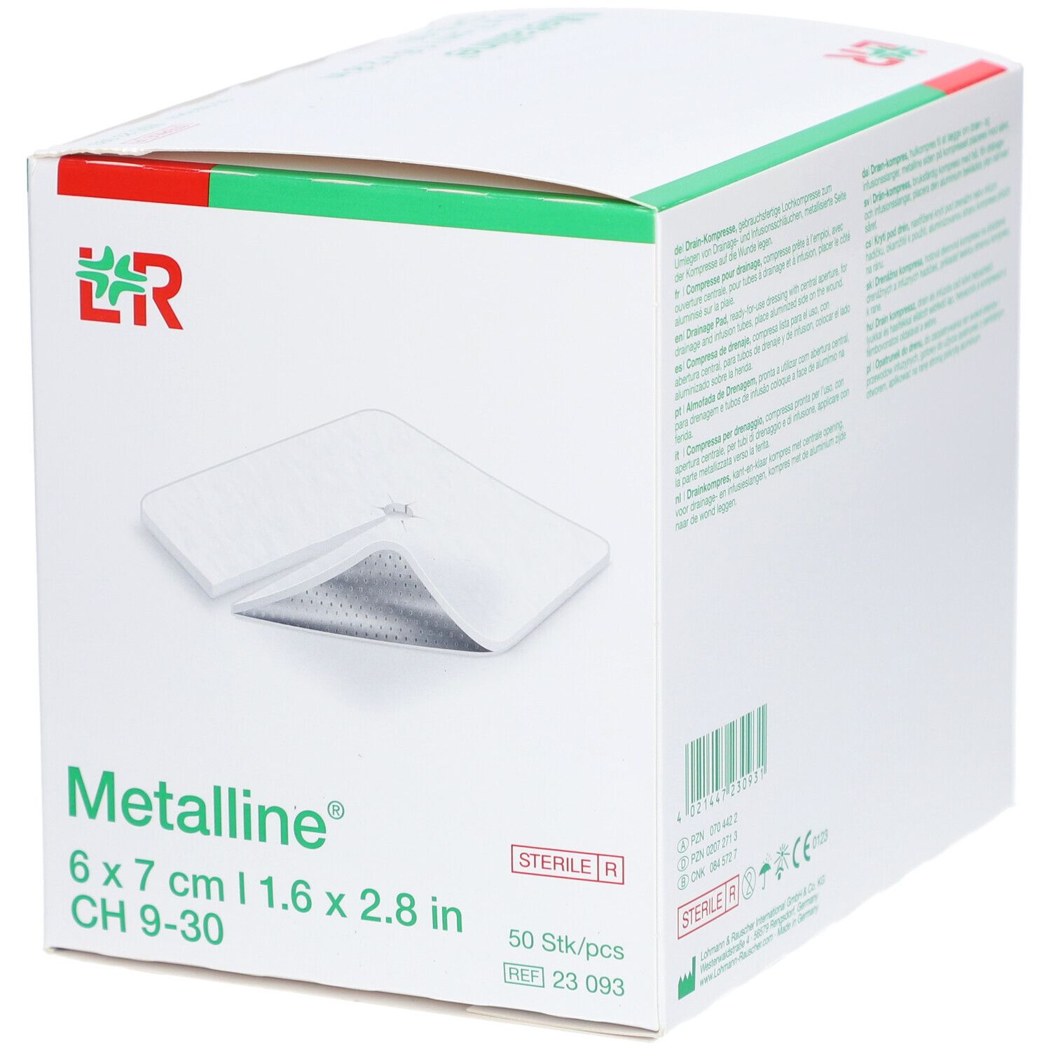 Karton mit Metalline® Kompressen. Größe: 6 x 7 cm. Aufdruck: Drain-Kompresse, steril.