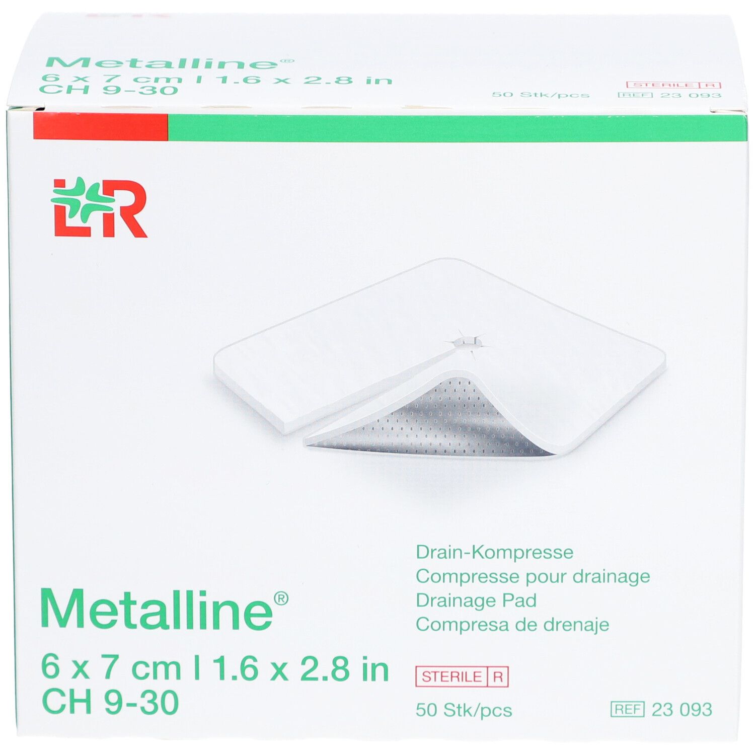 Karton mit Metalline® Kompressen. Größe: 6 x 7 cm. Aufdruck: Drain-Kompresse, steril.