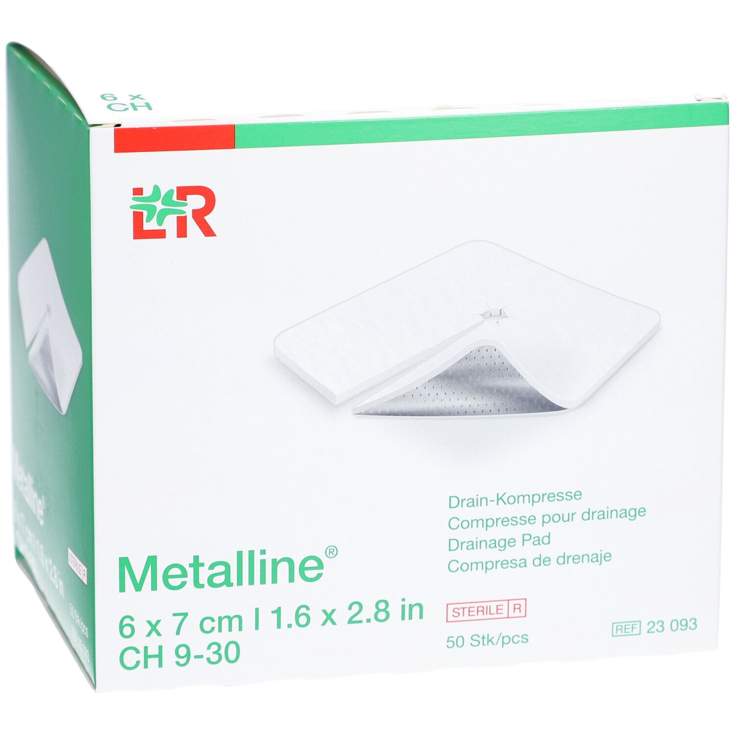 Karton mit Metalline® Kompressen. Größe: 6 x 7 cm. Aufdruck: Drain-Kompresse, steril.