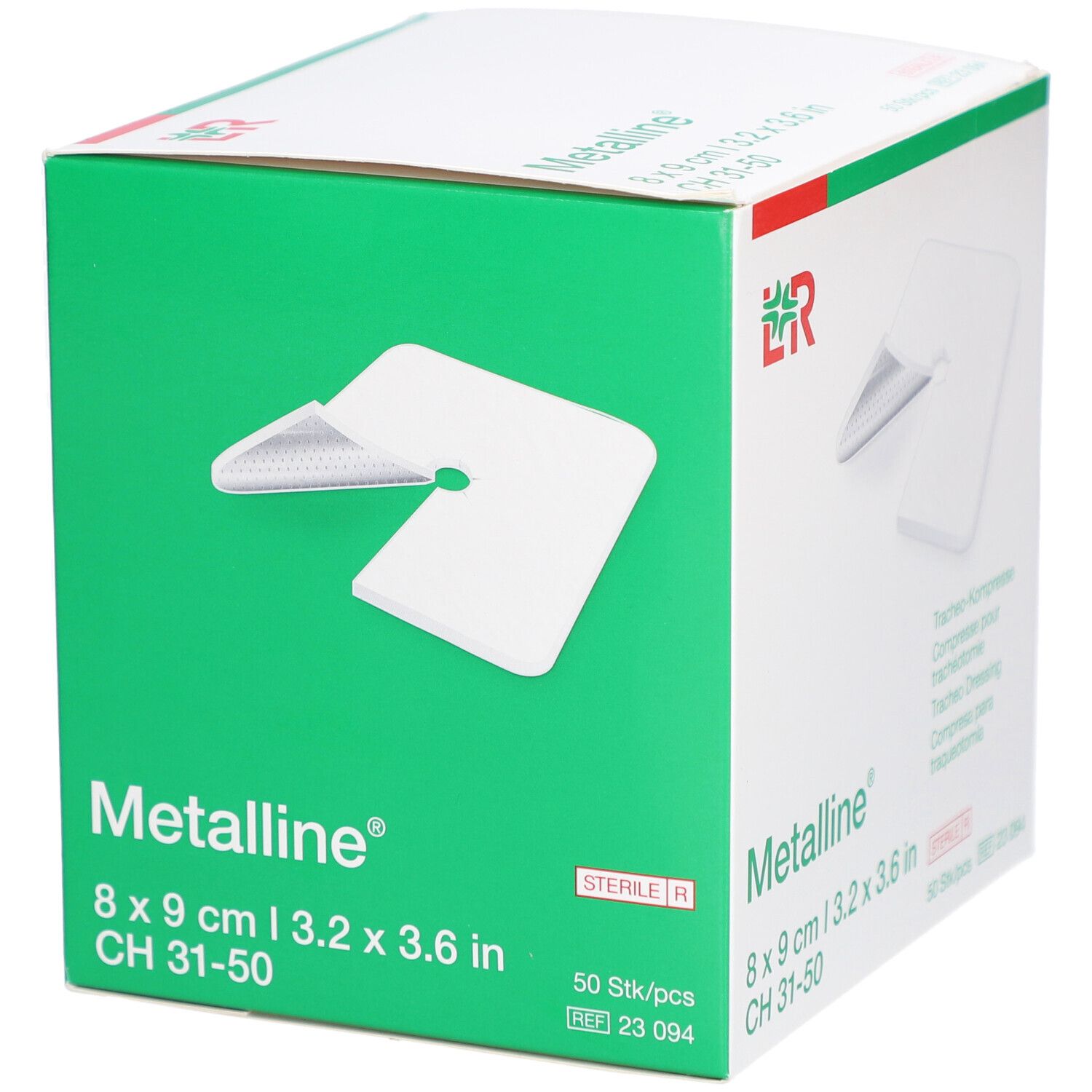 Verpackung Metalline Trachea Wisser 8x9 cm. Grün-weiße Schachtel. Sterile Kompresse mit Loch. Größe angegeben.
