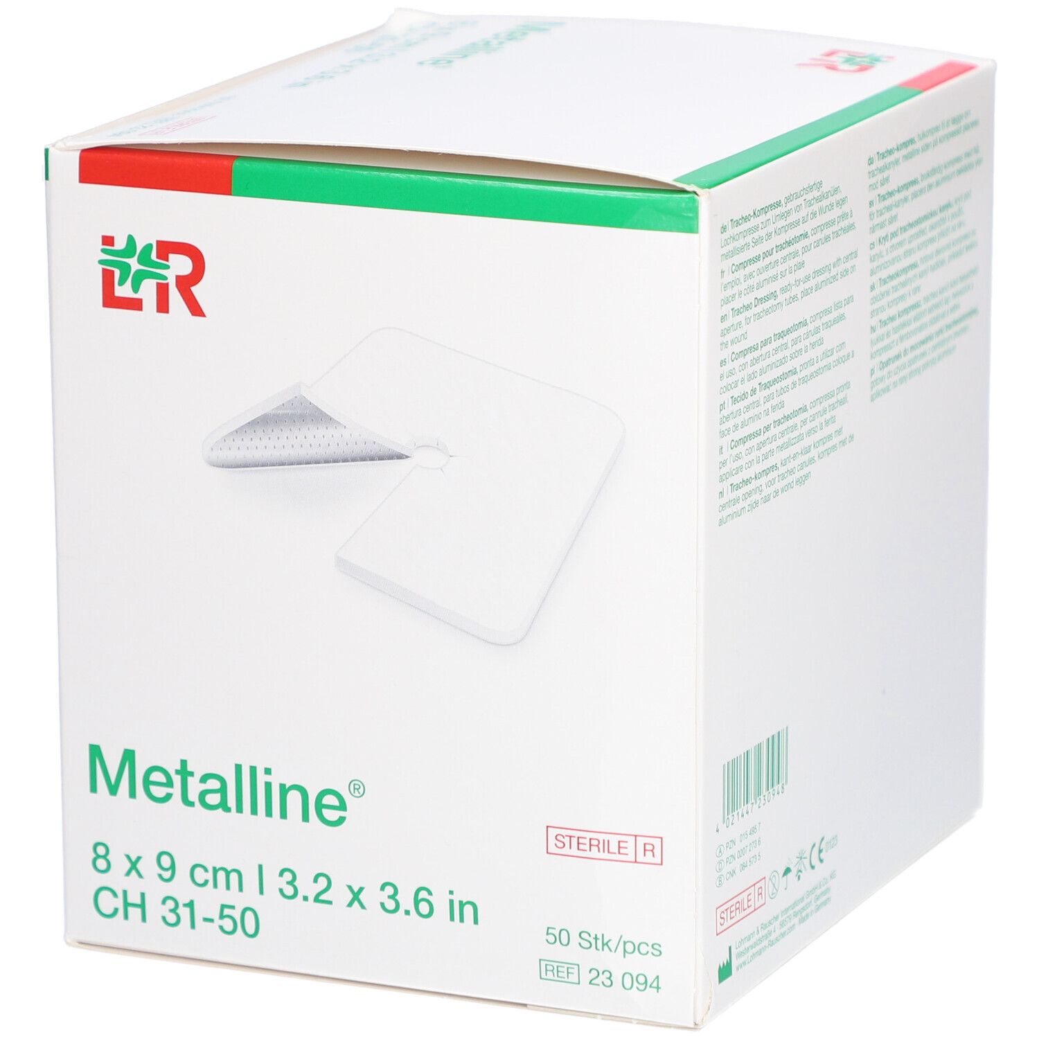 Verpackung Metalline Trachea Wisser 8x9 cm. Weiße Schachtel mit grünen Akzenten. Sterile Kompresse mit Loch.