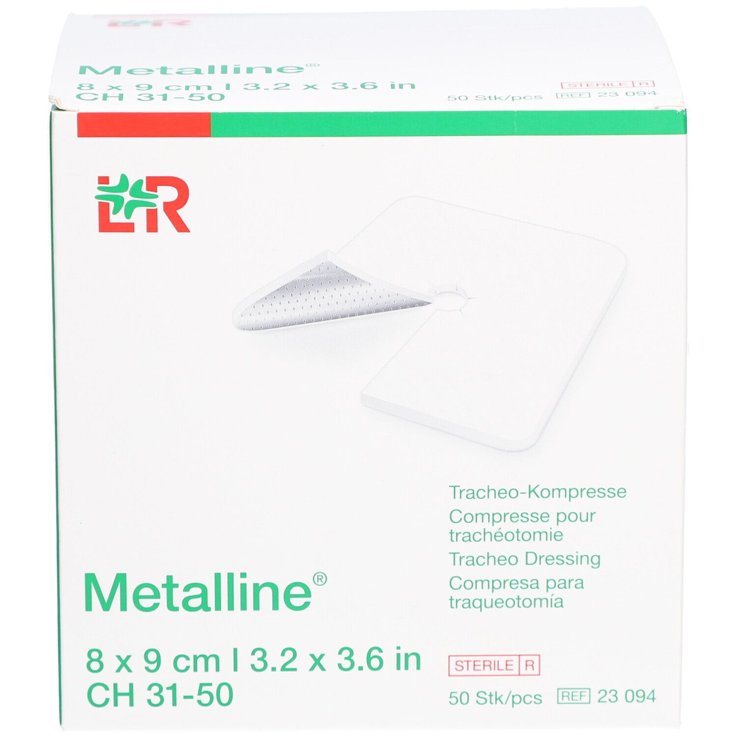 Verpackung Metalline Trachea Wisser 8x9 cm. Weiße Schachtel mit grünen Akzenten. Sterile Kompresse mit Loch.