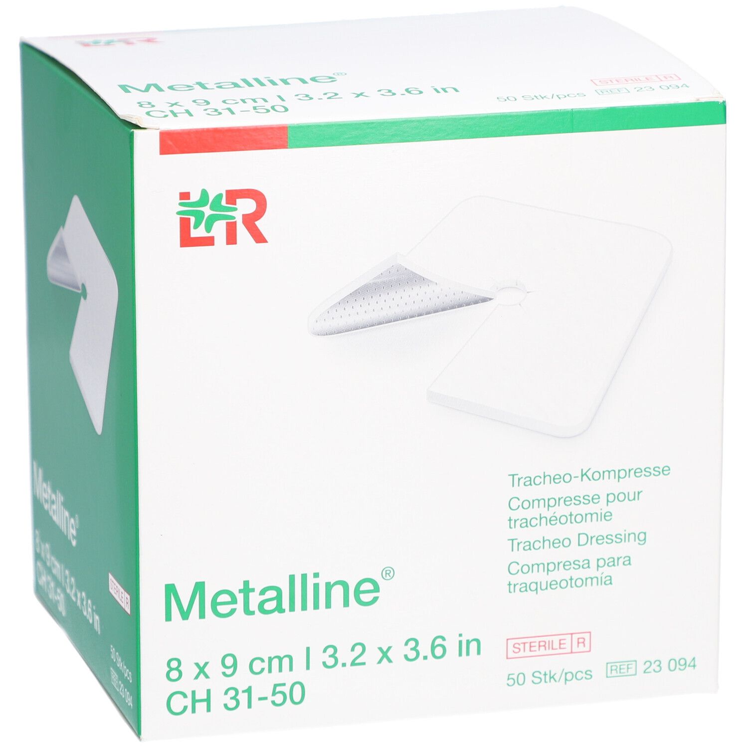 Verpackung Metalline Trachea Wisser 8x9 cm. Weiße Schachtel mit grünen Akzenten. Sterile Kompresse mit Loch.