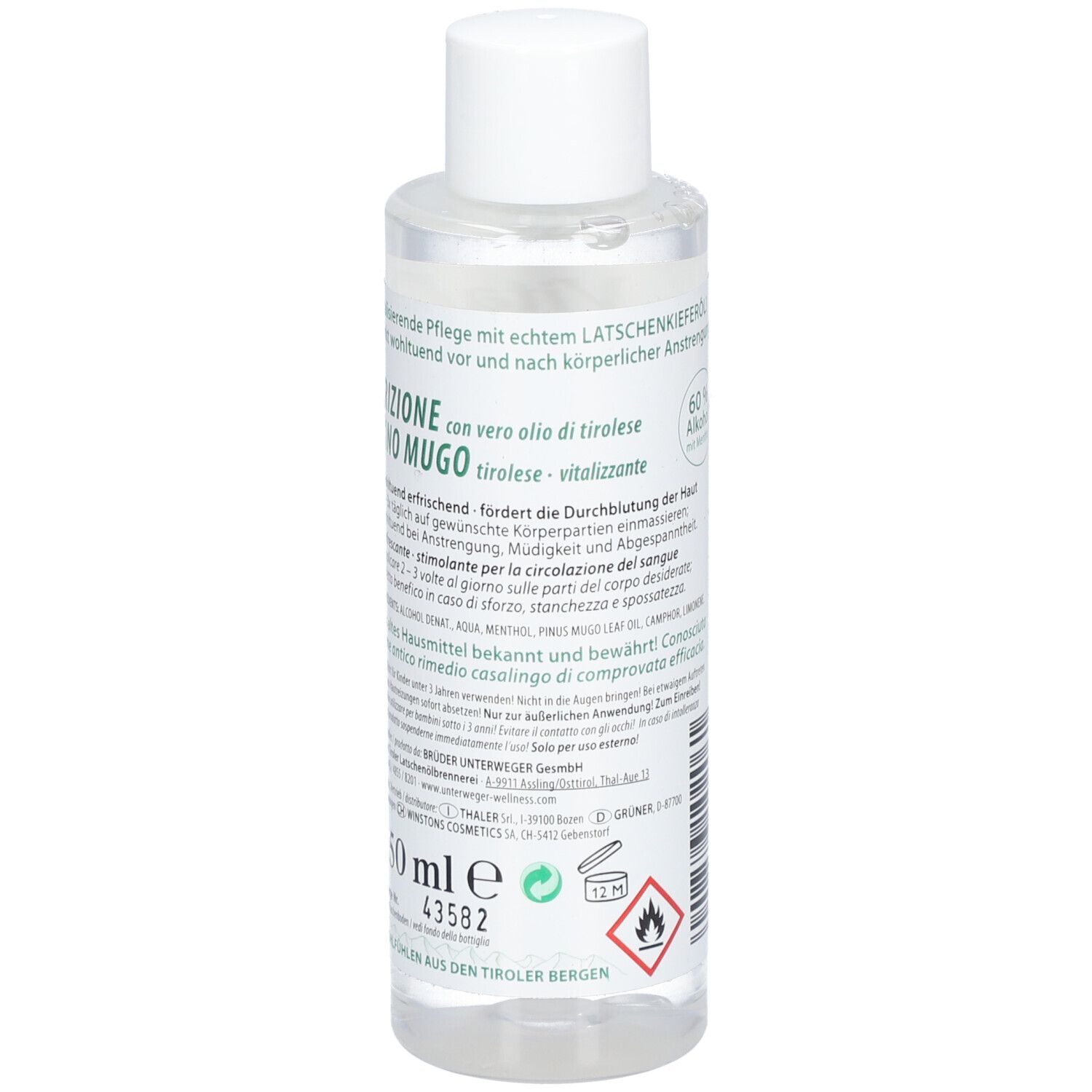 Rückseite der Flasche. Etikett mit Text, Inhaltsstoffen und Warnhinweis. 150 ml.